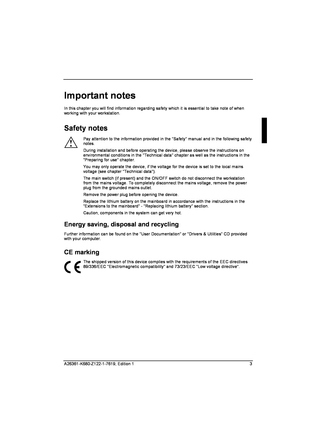 Fujitsu R630, V810 manual Important notes, Safety notes, Energy saving, disposal and recycling, CE marking 