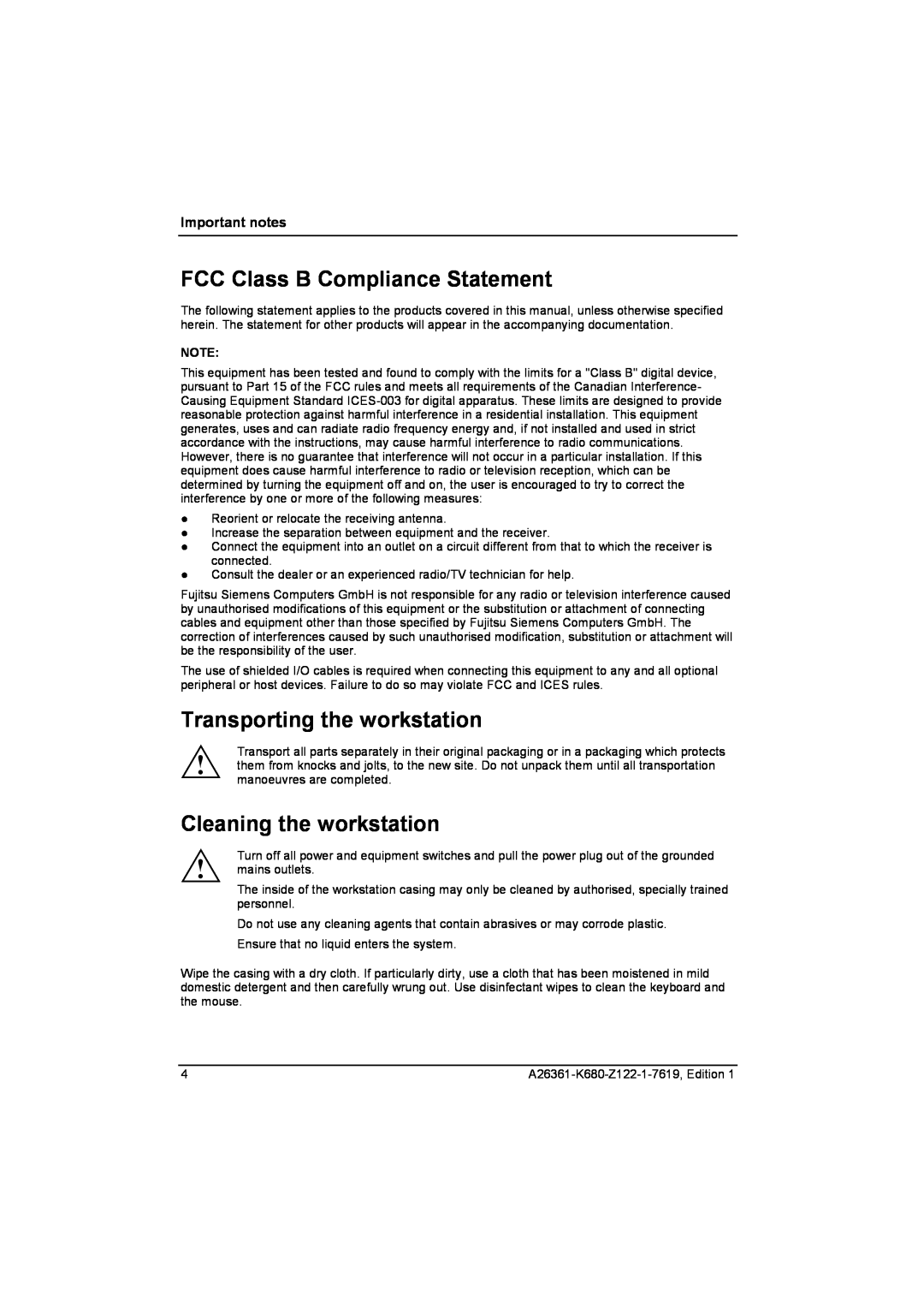 Fujitsu V810 FCC Class B Compliance Statement, Transporting the workstation, Cleaning the workstation, Important notes 