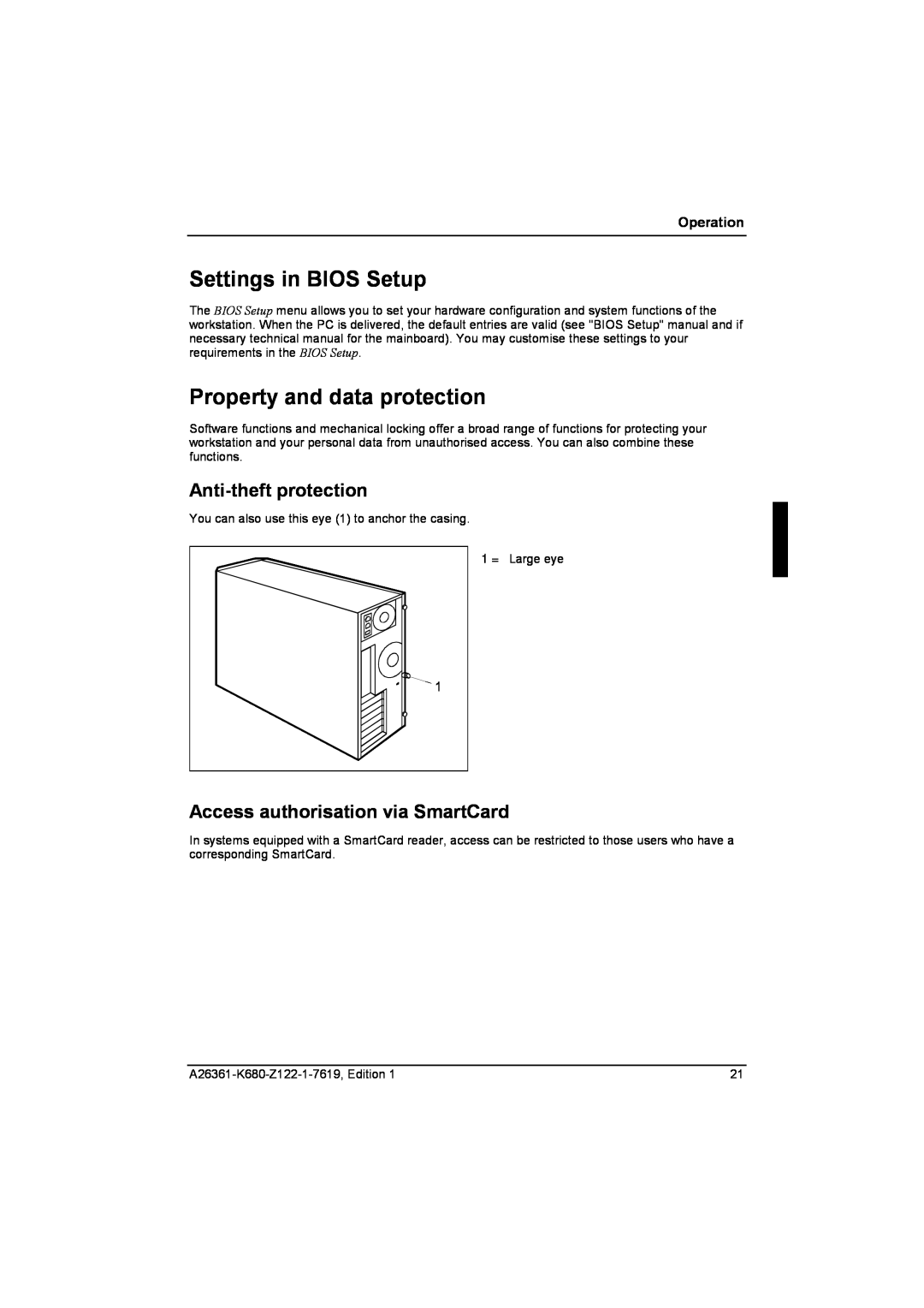 Fujitsu R630, V810 manual Settings in BIOS Setup, Property and data protection, Anti-theft protection, Operation 