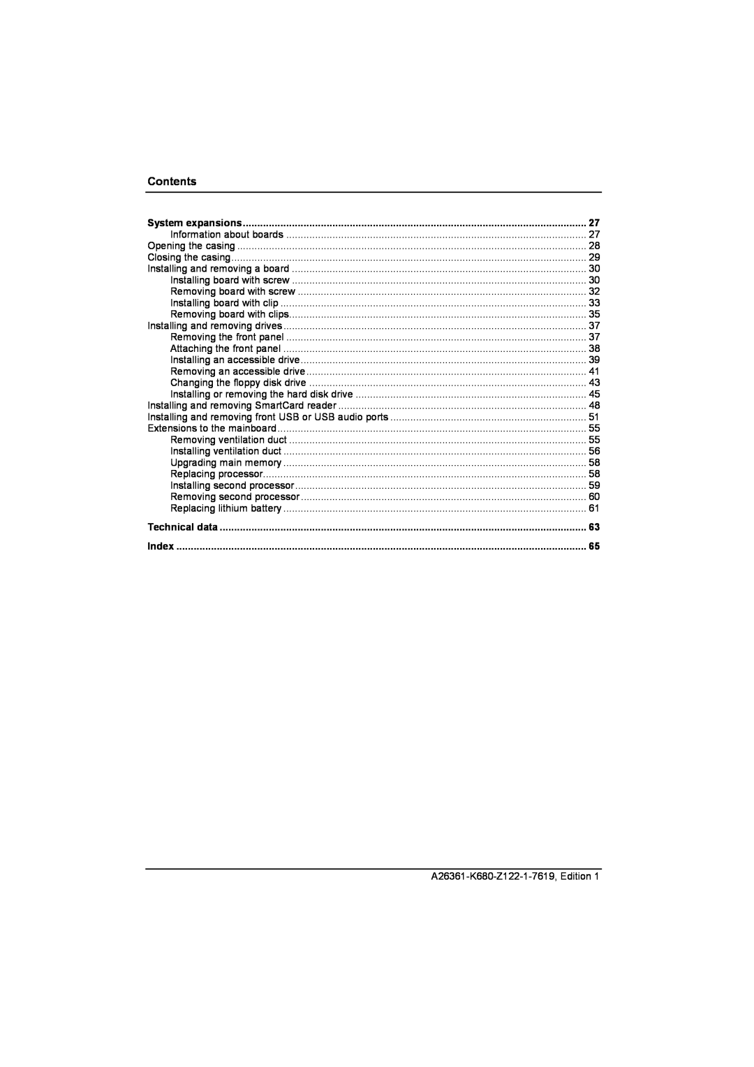 Fujitsu V810, R630 manual Contents, Technical data, Index 