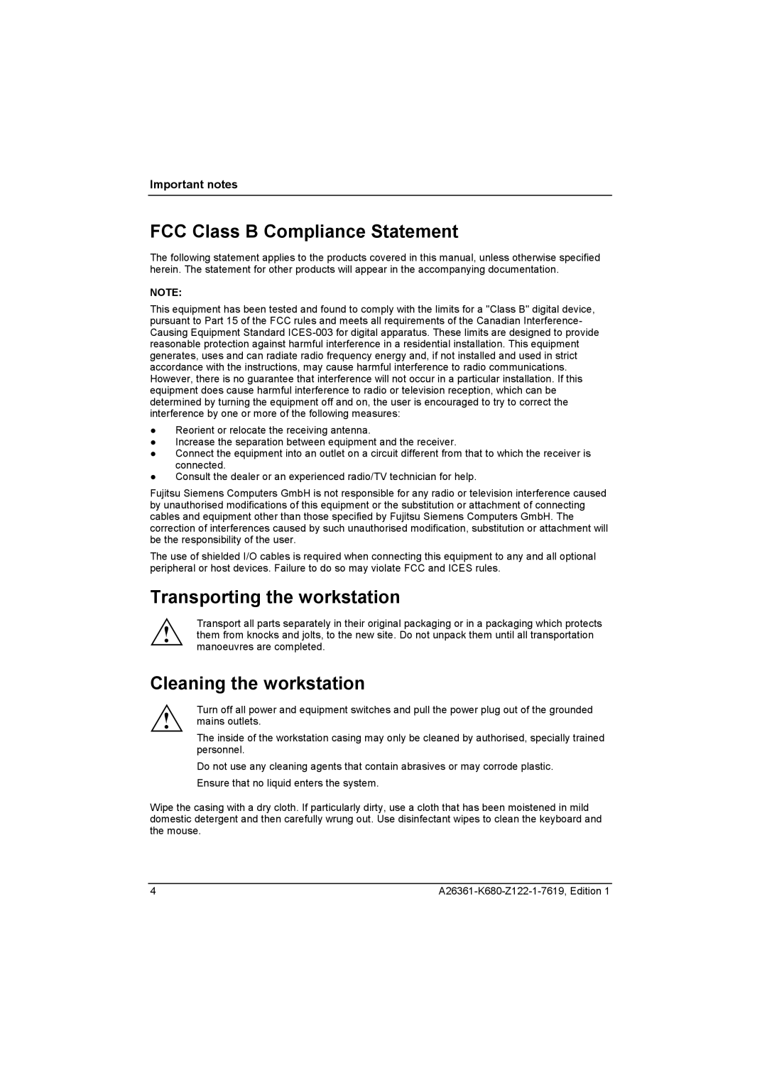 Fujitsu V810, R630 manual FCC Class B Compliance Statement, Transporting the workstation, Cleaning the workstation 