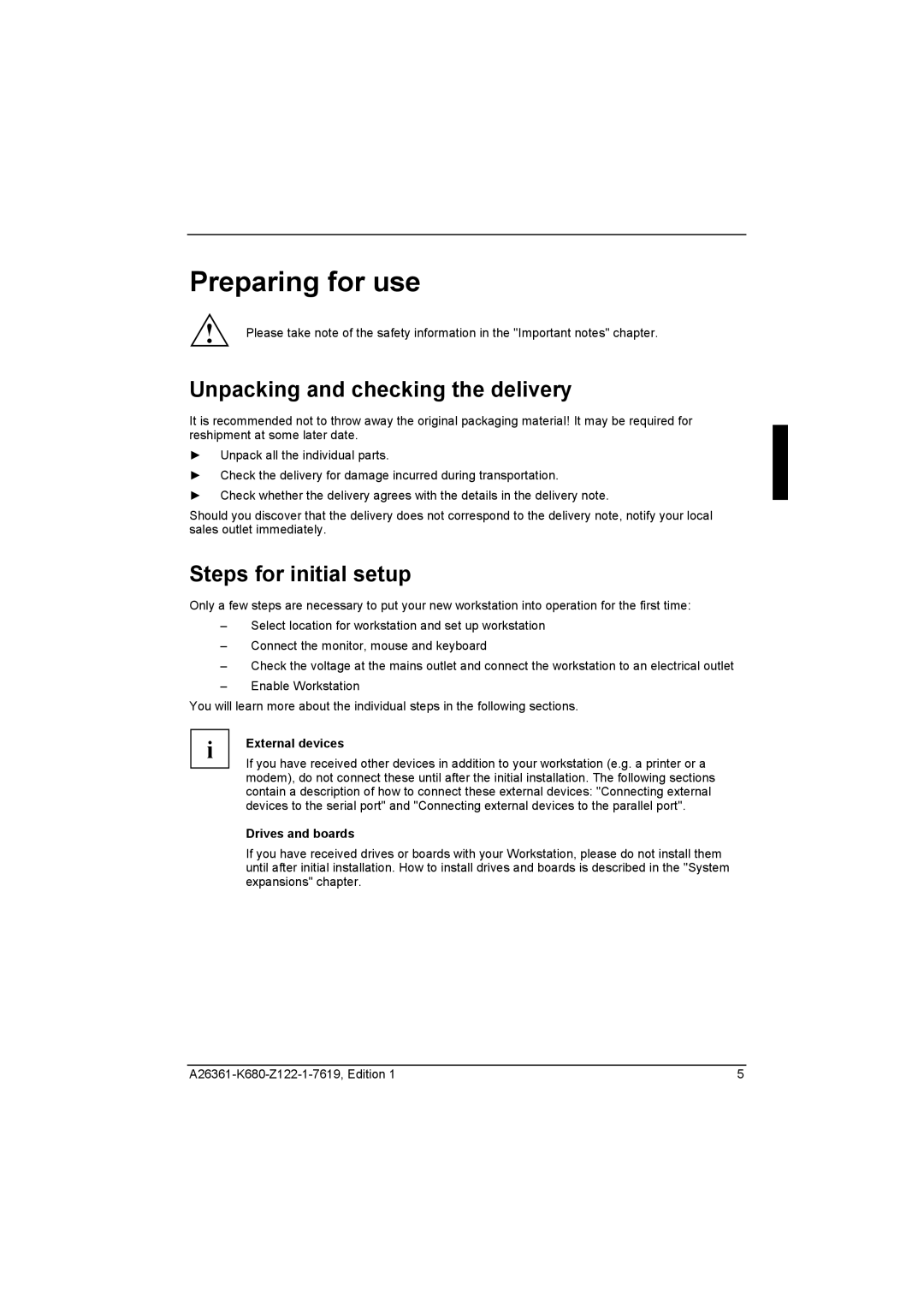 Fujitsu R630, V810 manual Preparing for use, Unpacking and checking the delivery, Steps for initial setup, External devices 