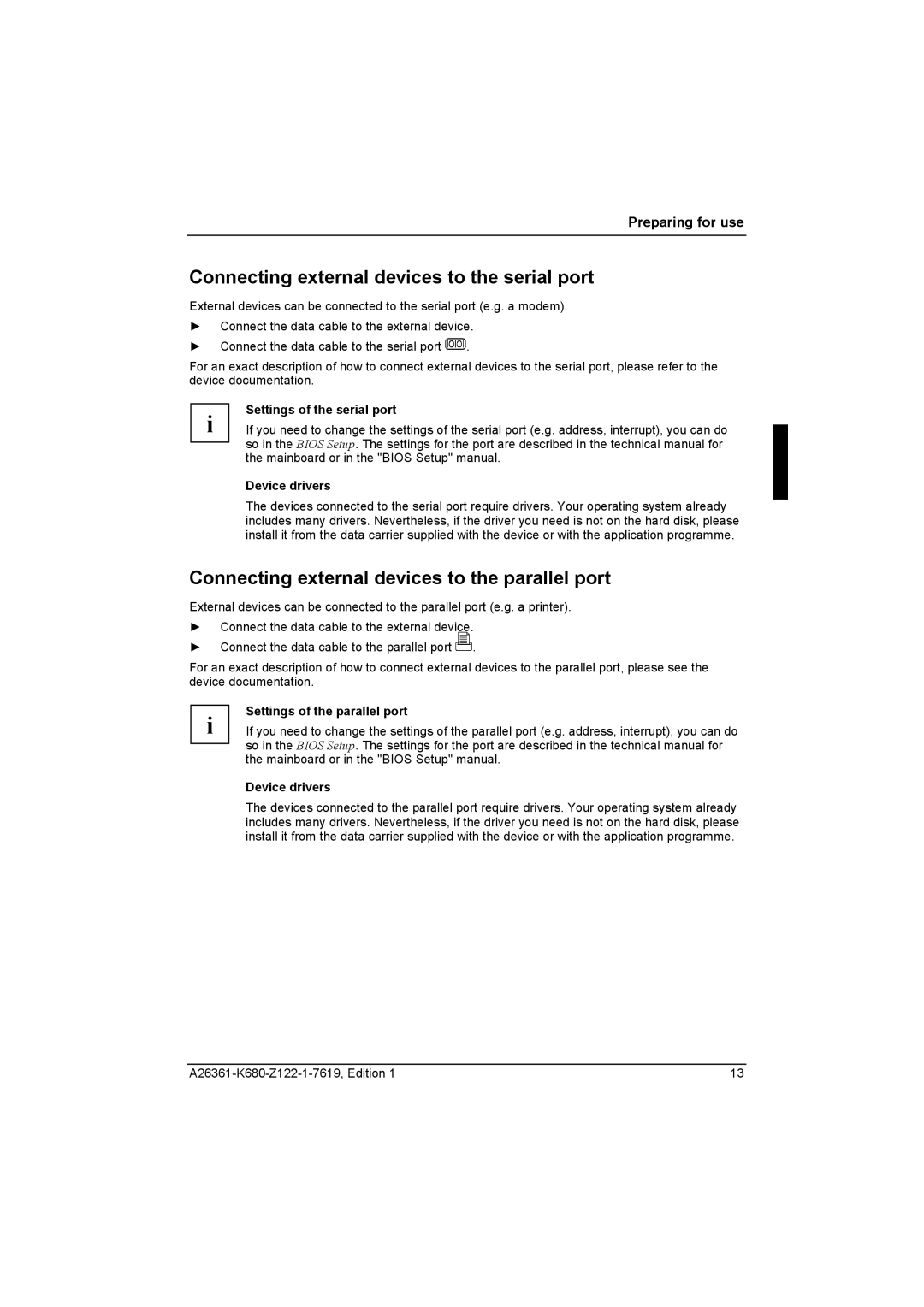 Fujitsu R630, V810 manual Connecting external devices to the serial port, Connecting external devices to the parallel port 