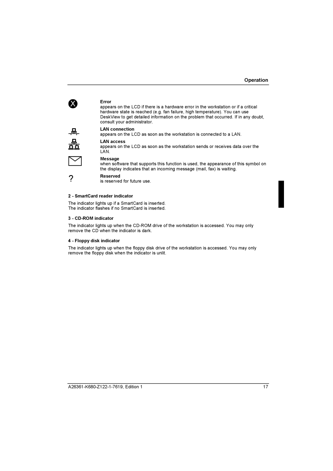 Fujitsu R630, V810 manual Error, LAN connection, LAN access, Message, Reserved, SmartCard reader indicator, CD-ROM indicator 