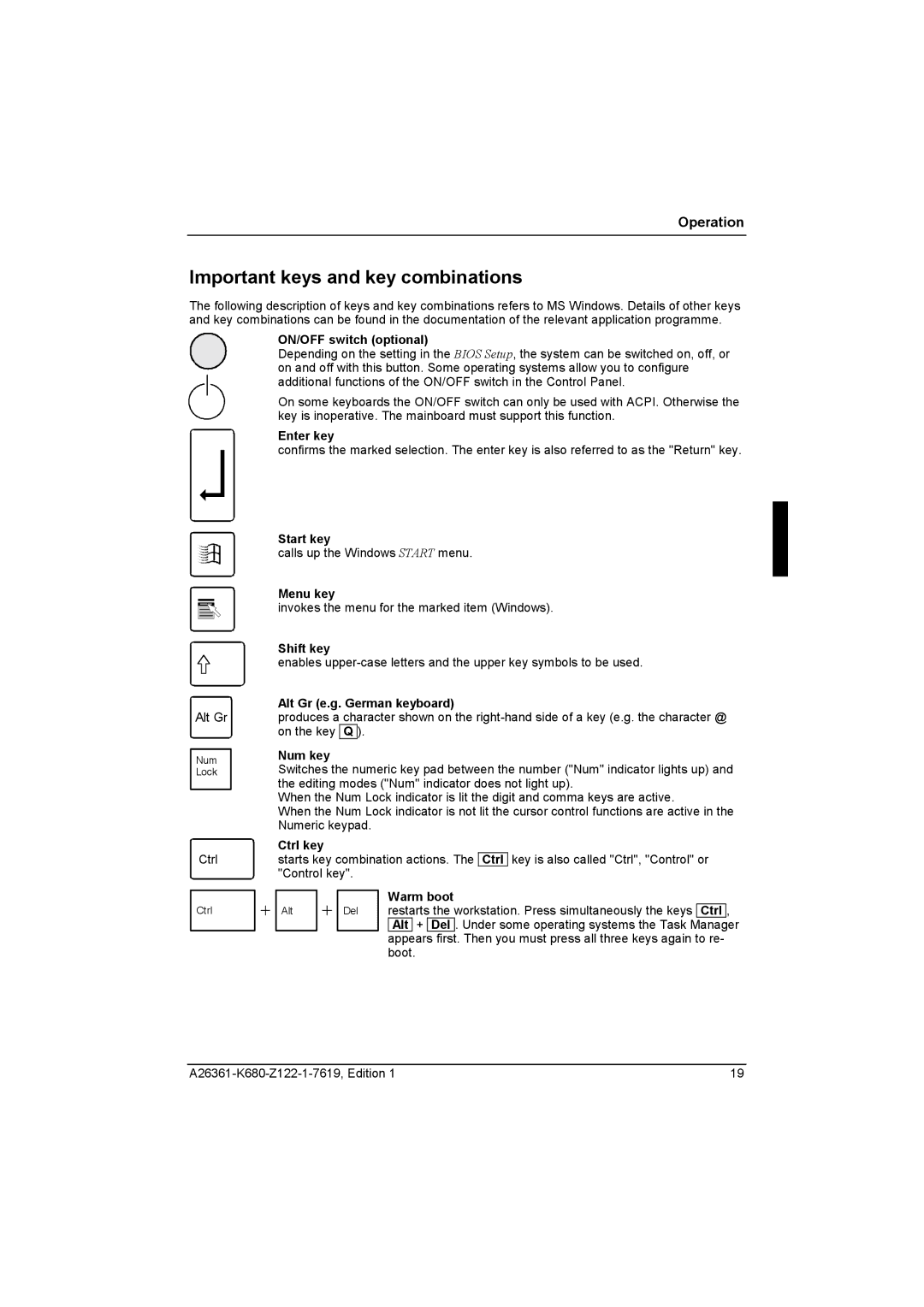 Fujitsu R630, V810 manual Important keys and key combinations 