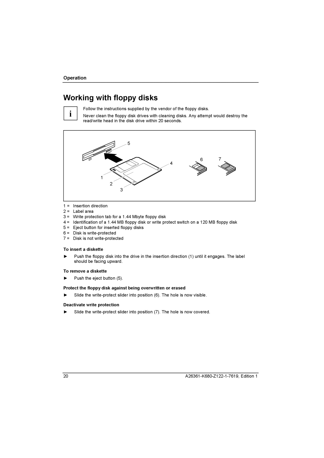 Fujitsu V810, R630 manual Working with floppy disks, To insert a diskette, To remove a diskette, Deactivate write protection 