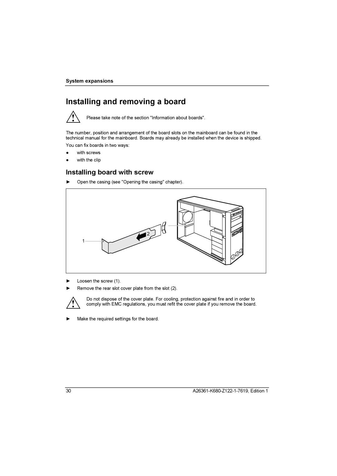 Fujitsu V810, R630 manual Installing and removing a board, Installing board with screw 