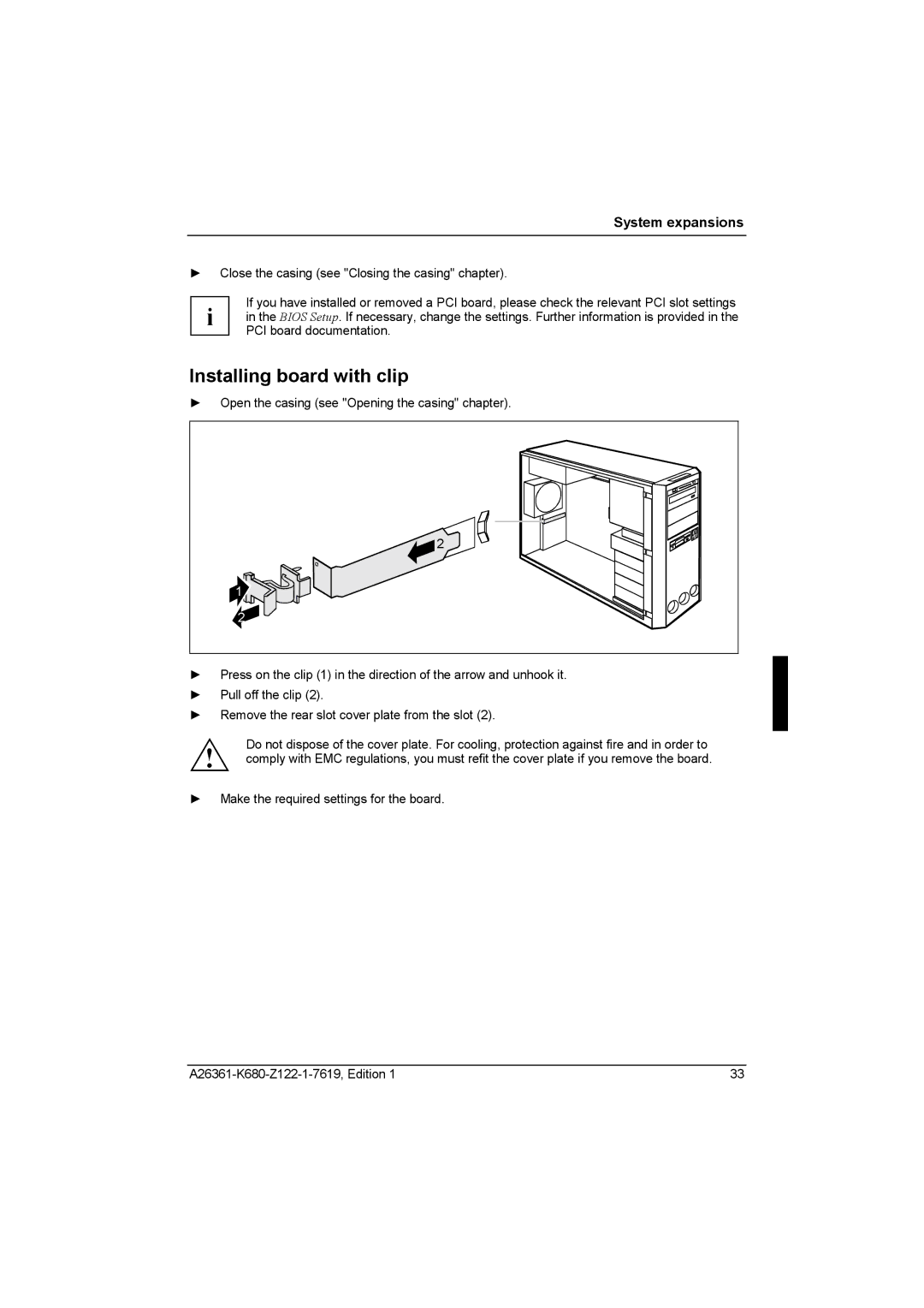 Fujitsu R630, V810 manual Installing board with clip 