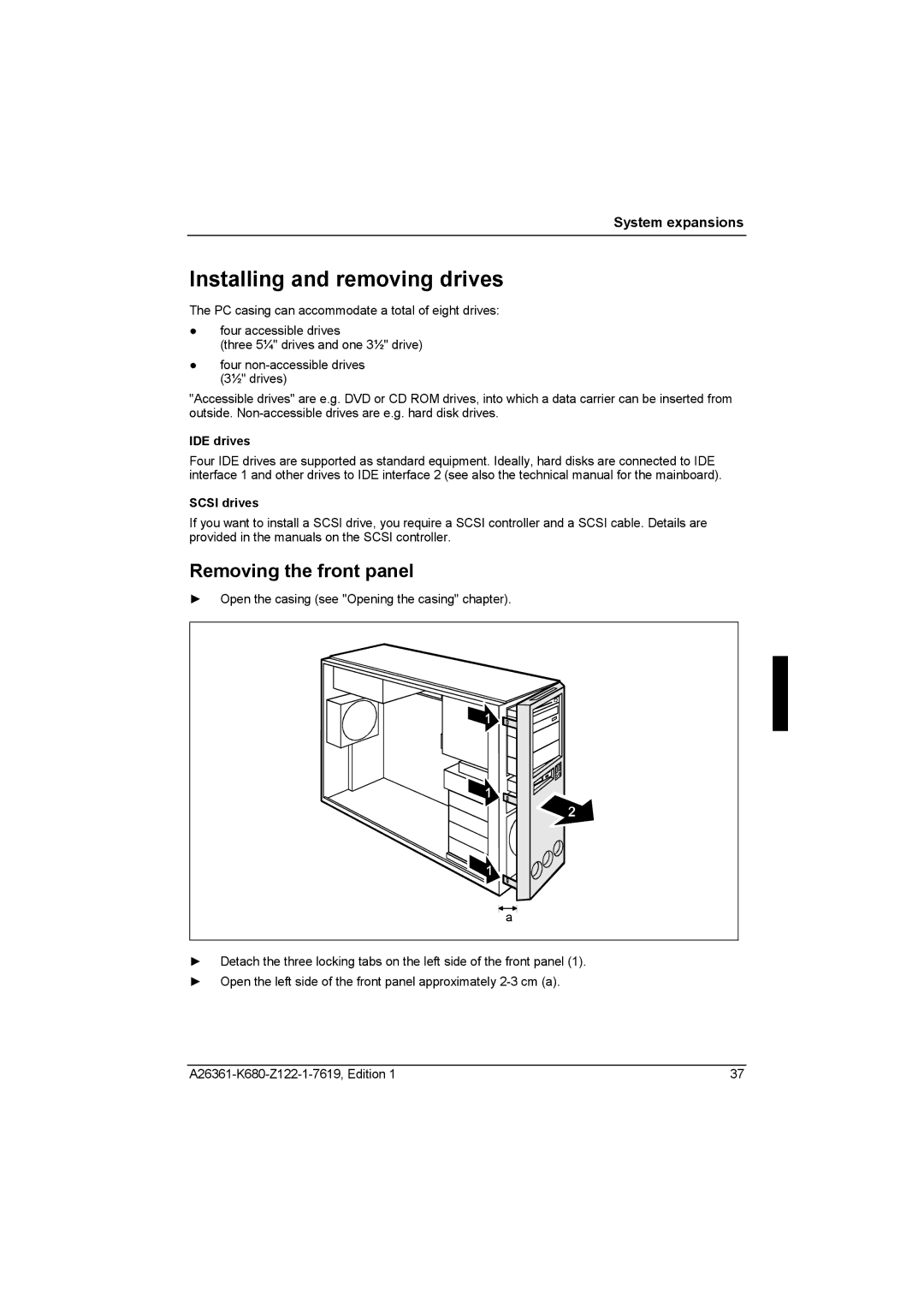 Fujitsu R630, V810 manual Installing and removing drives, Removing the front panel, IDE drives, Scsi drives 