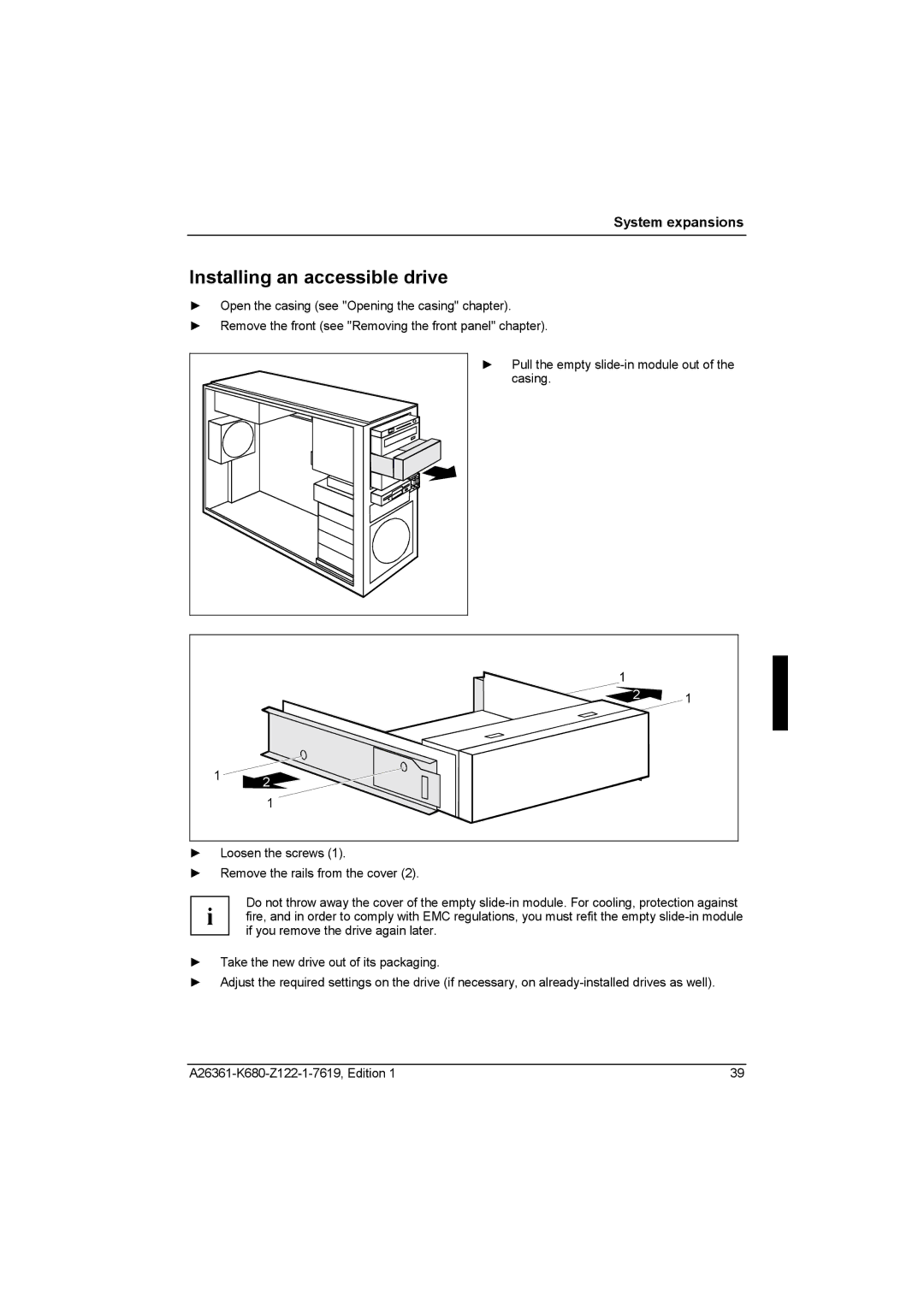 Fujitsu R630, V810 manual Installing an accessible drive 