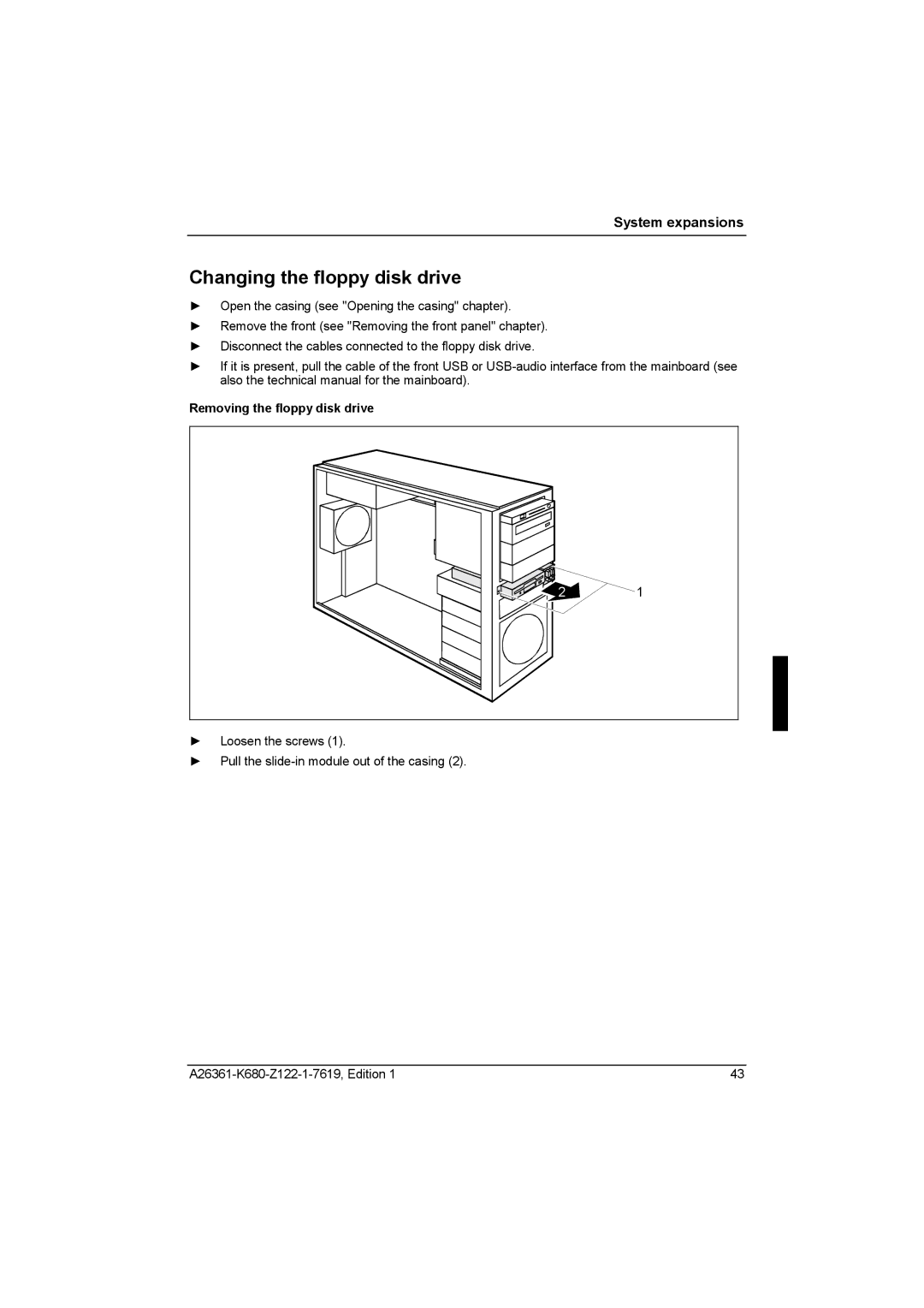 Fujitsu R630, V810 manual Changing the floppy disk drive, Removing the floppy disk drive 