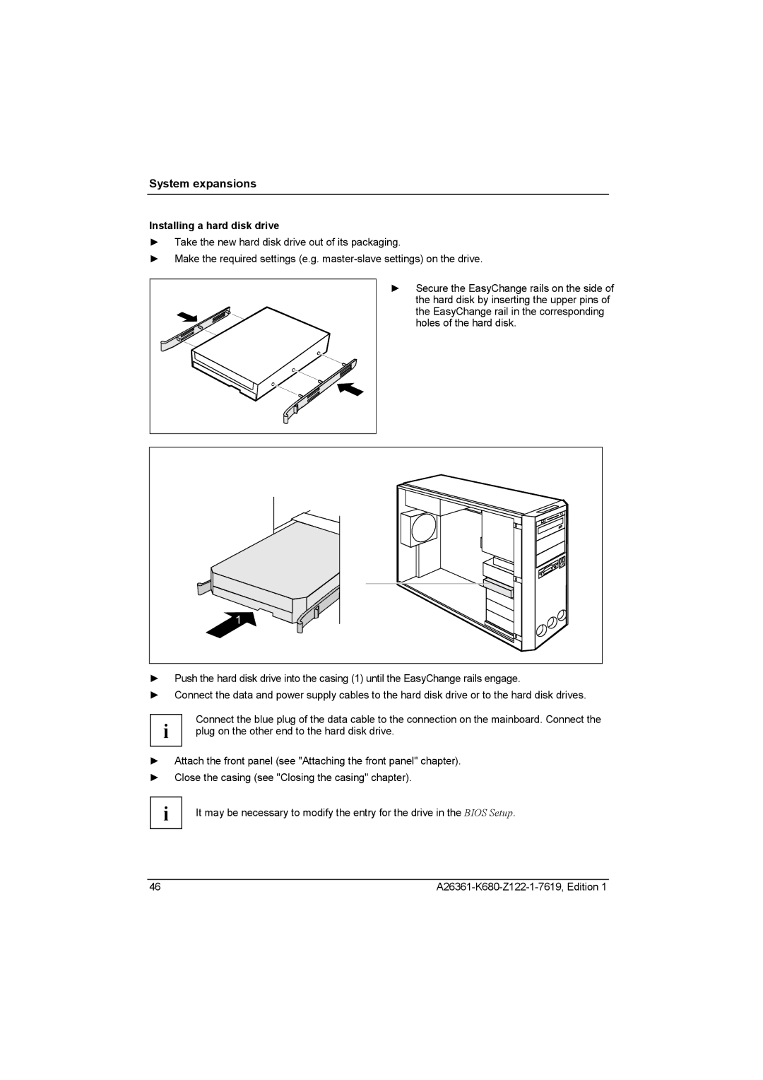 Fujitsu V810, R630 manual Installing a hard disk drive 