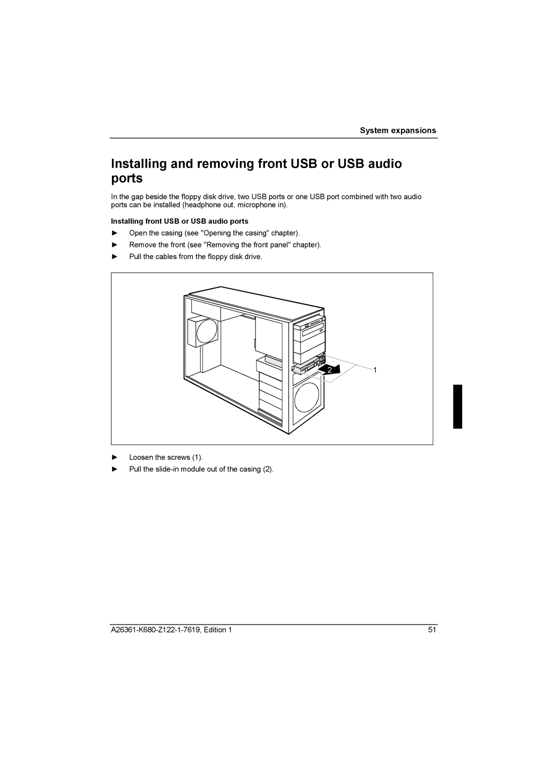 Fujitsu R630, V810 manual Installing and removing front USB or USB audio ports, Installing front USB or USB audio ports 