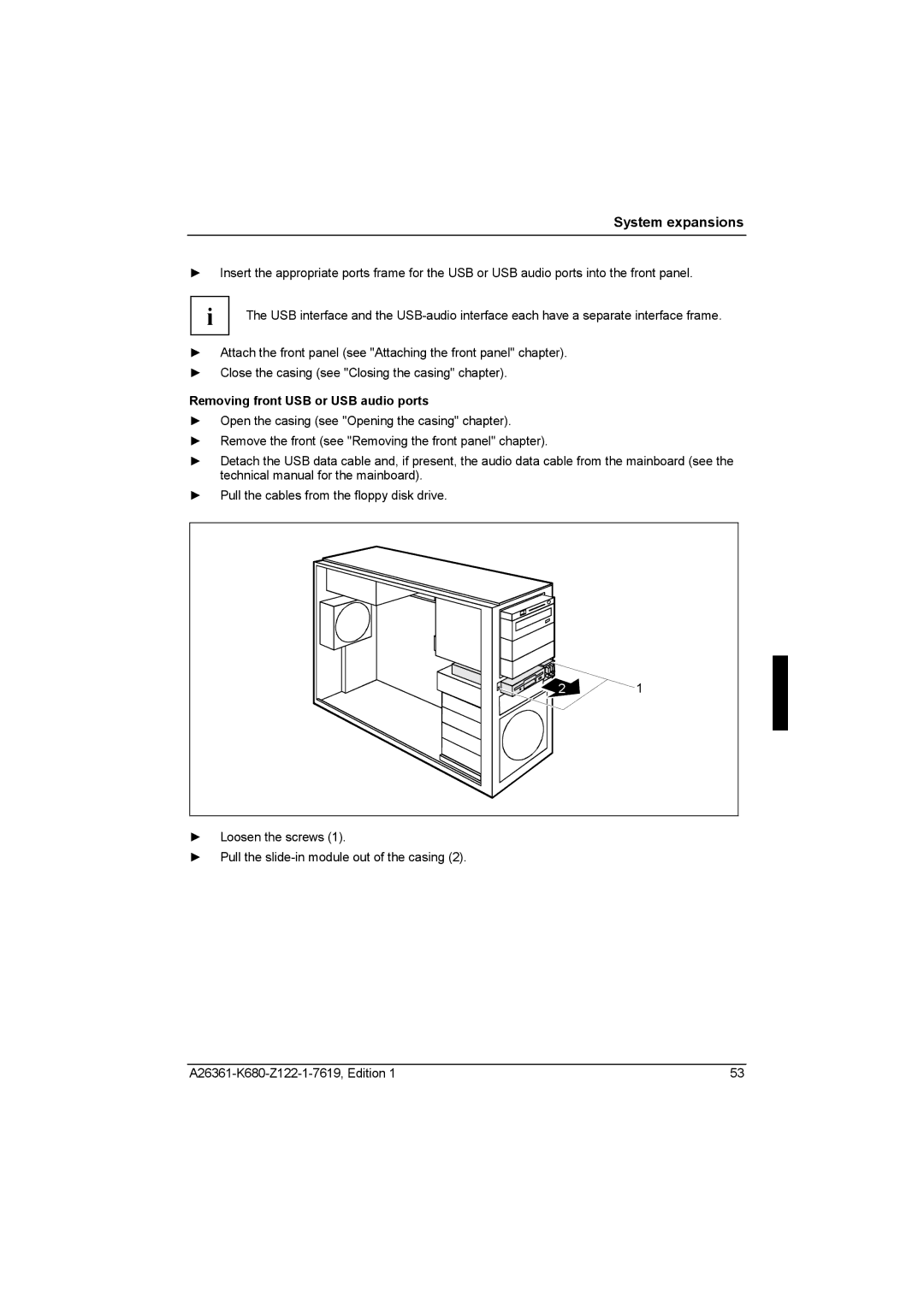 Fujitsu R630, V810 manual Removing front USB or USB audio ports 