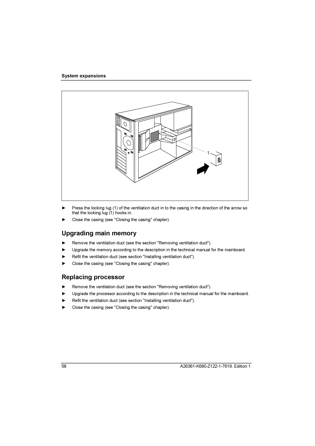 Fujitsu V810, R630 manual Upgrading main memory, Replacing processor 