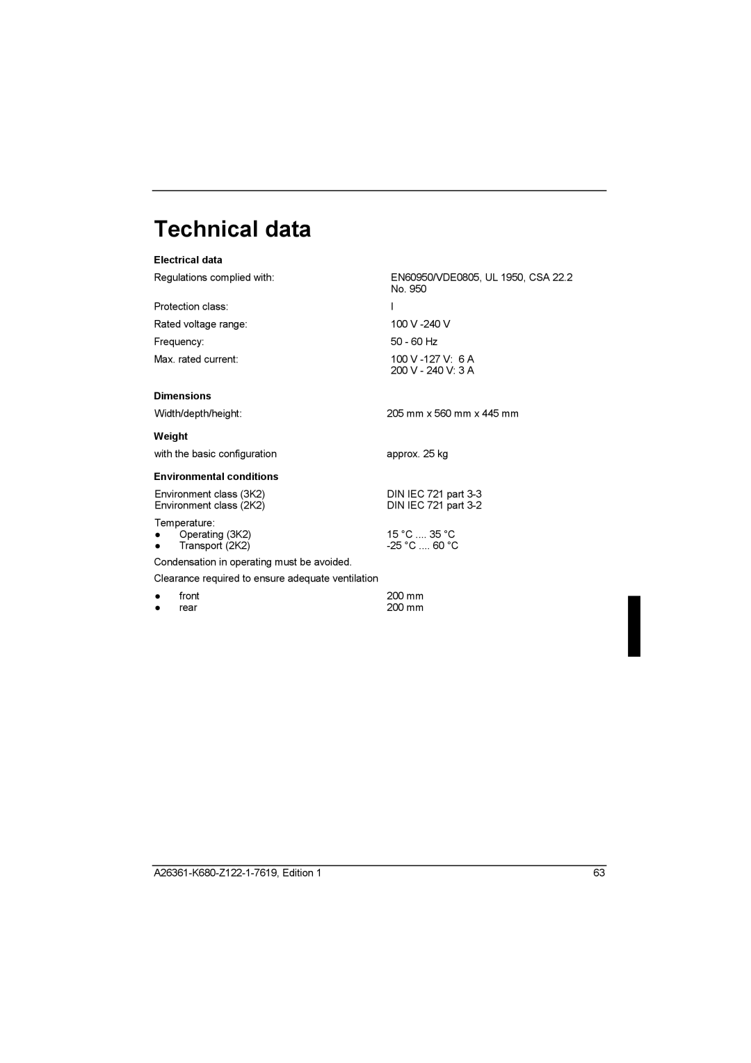 Fujitsu R630, V810 manual Technical data, Electrical data, Dimensions, Weight, Environmental conditions 