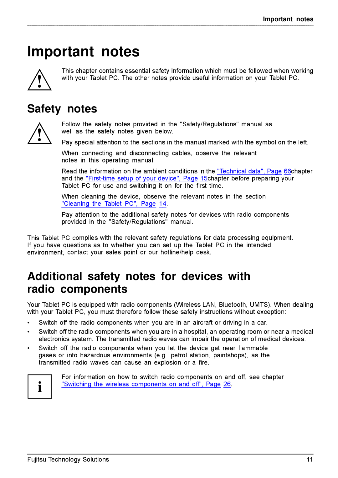 Fujitsu VFY:M53200MPAD2IN manual Important notes, Safety notes, Additional safety notes for devices with radio components 