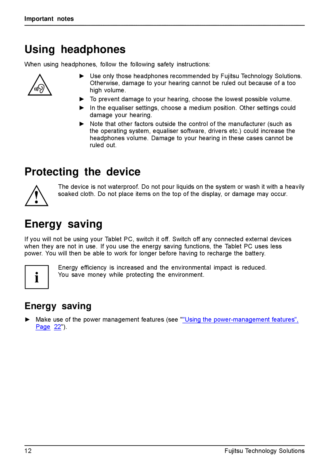 Fujitsu VFY:M53200MPAD2IN manual Using headphones, Protecting the device, Energy saving 