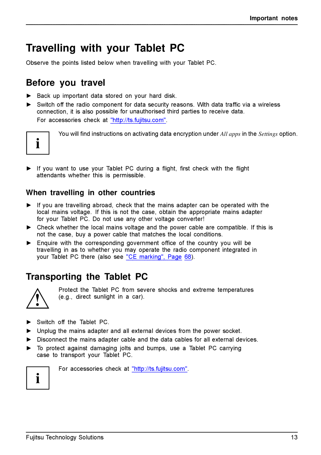 Fujitsu VFY:M53200MPAD2IN manual Travelling with your Tablet PC, Before you travel, Transporting the Tablet PC 