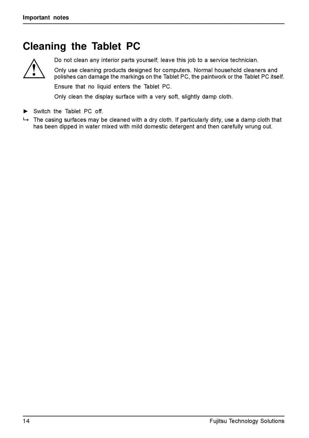 Fujitsu VFY:M53200MPAD2IN manual Cleaning the Tablet PC 