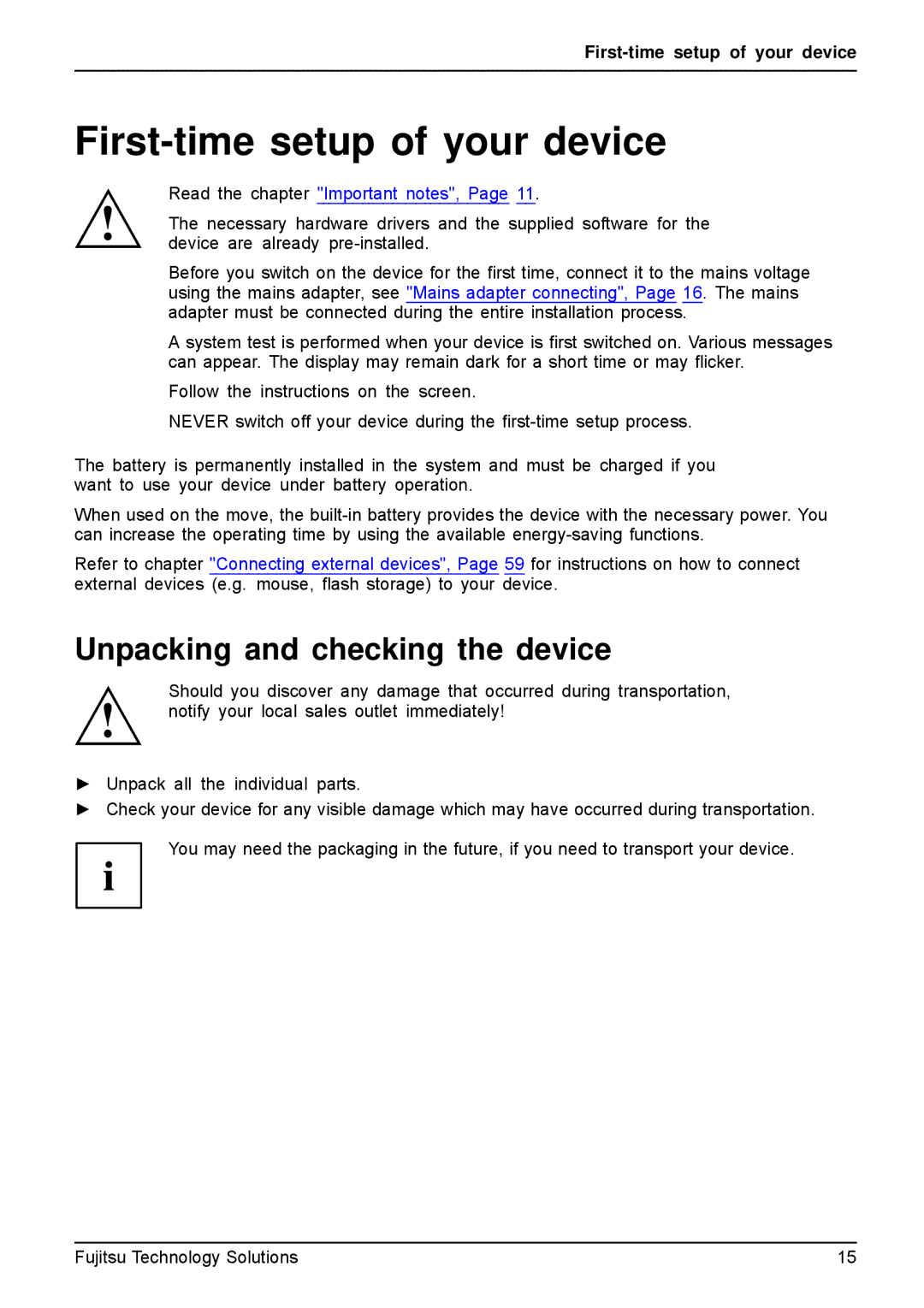 Fujitsu VFY:M53200MPAD2IN manual First-time setup of your device, Unpacking and checking the device 