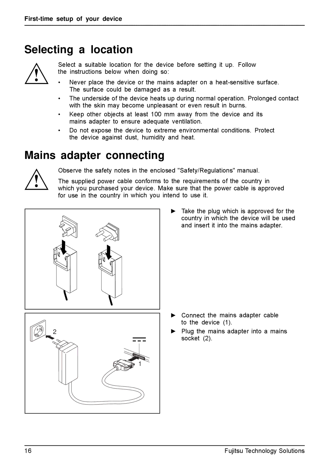 Fujitsu VFY:M53200MPAD2IN manual Selecting a location, Mains adapter connecting 