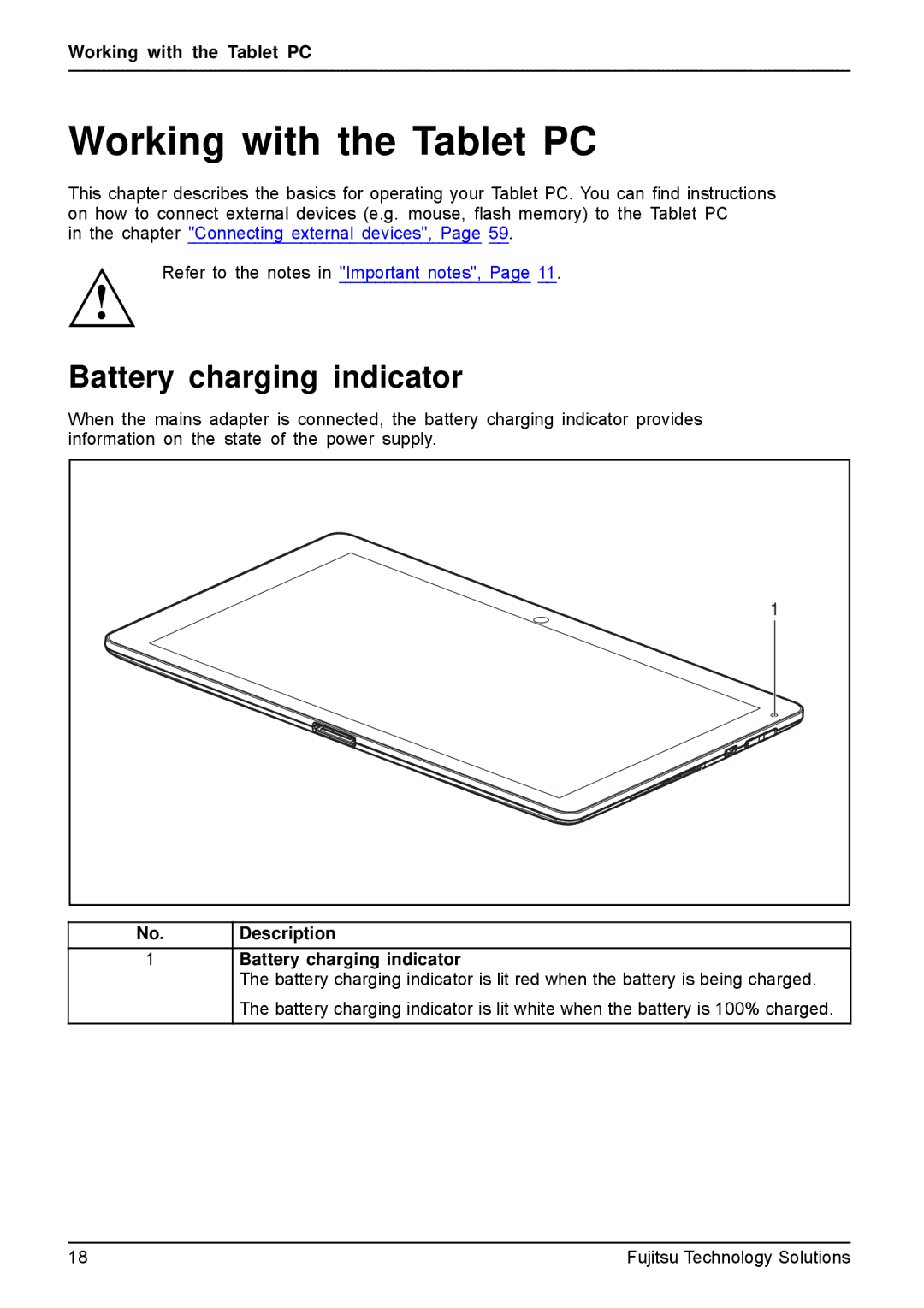 Fujitsu VFY:M53200MPAD2IN manual Working with the Tablet PC, Battery charging indicator 