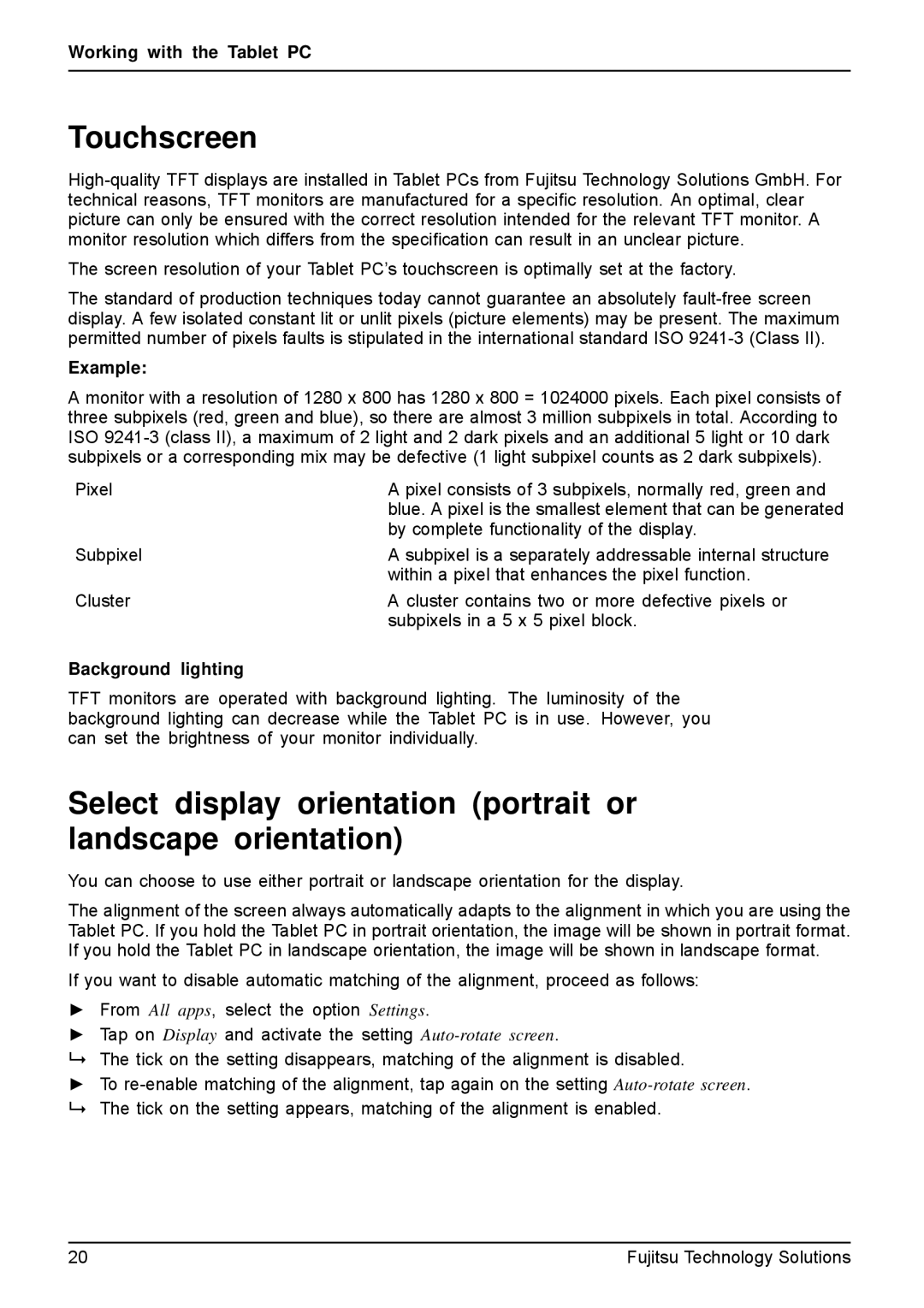 Fujitsu VFY:M53200MPAD2IN manual Touchscreen, Example, Background lighting 