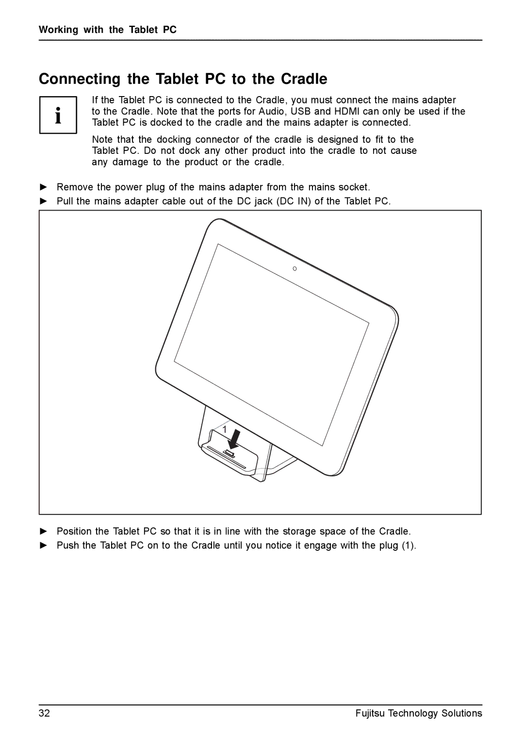 Fujitsu VFY:M53200MPAD2IN manual Connecting the Tablet PC to the Cradle 