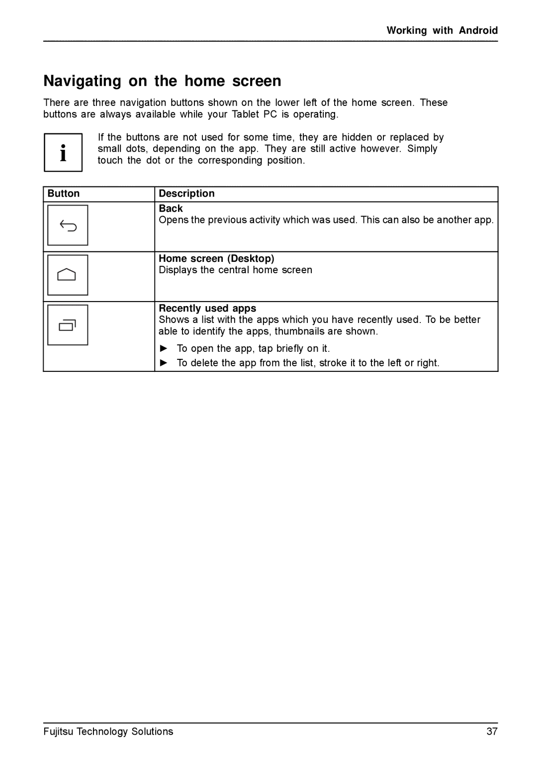 Fujitsu VFY:M53200MPAD2IN Navigating on the home screen, Button Description Back, Home screen Desktop, Recently used apps 