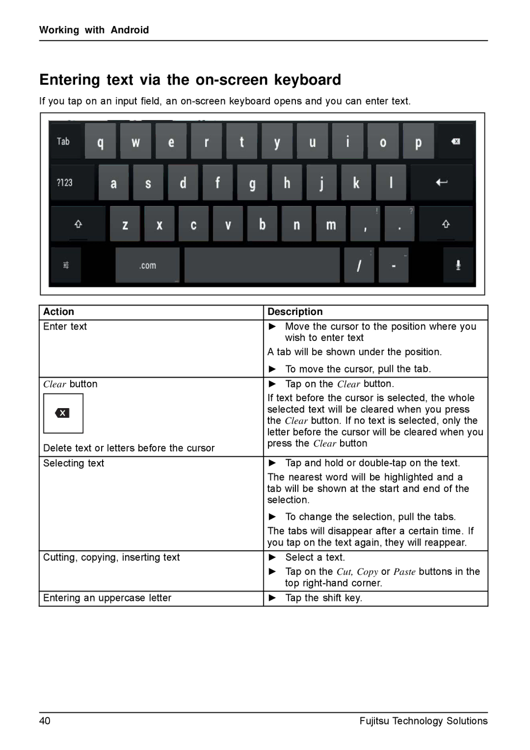 Fujitsu VFY:M53200MPAD2IN manual Entering text via the on-screen keyboard 