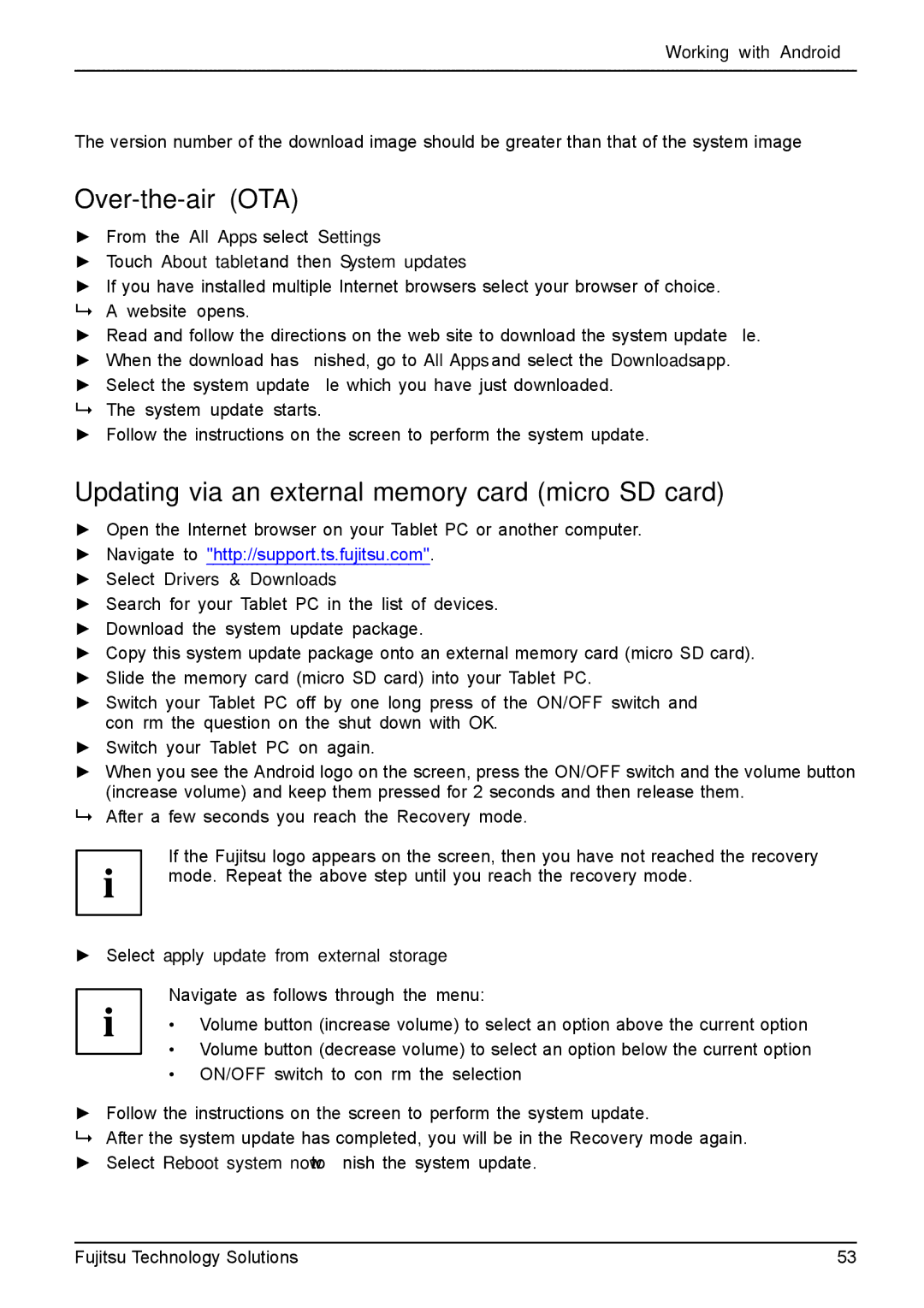 Fujitsu VFY:M53200MPAD2IN manual Over-the-air OTA, Updating via an external memory card micro SD card 