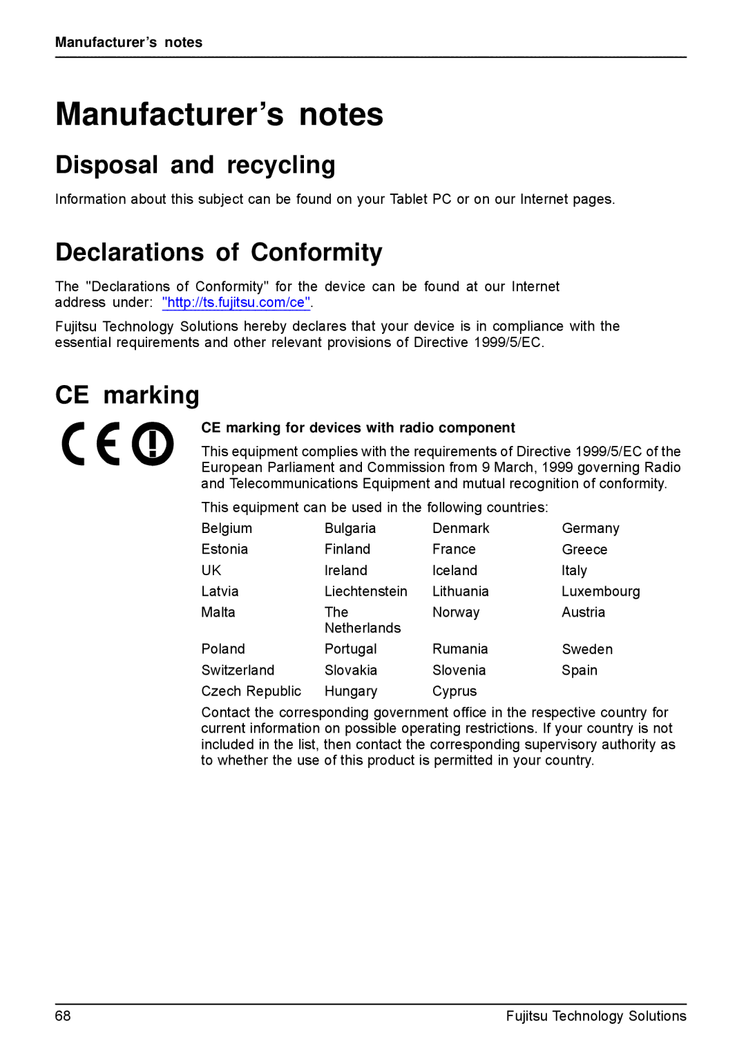 Fujitsu VFY:M53200MPAD2IN manual Manufacturer’s notes, Disposal and recycling, Declarations of Conformity, CE marking 