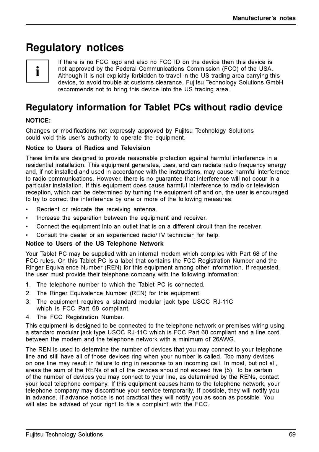 Fujitsu VFY:M53200MPAD2IN manual Regulatory notices, Regulatory information for Tablet PCs without radio device 