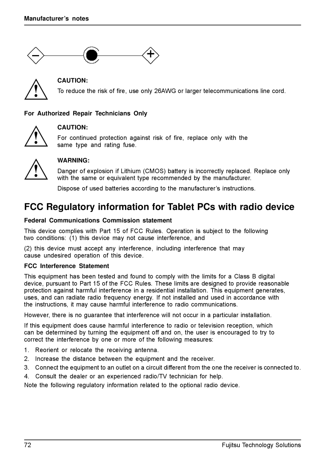 Fujitsu VFY:M53200MPAD2IN manual FCC Regulatory information for Tablet PCs with radio device, FCC Interference Statement 