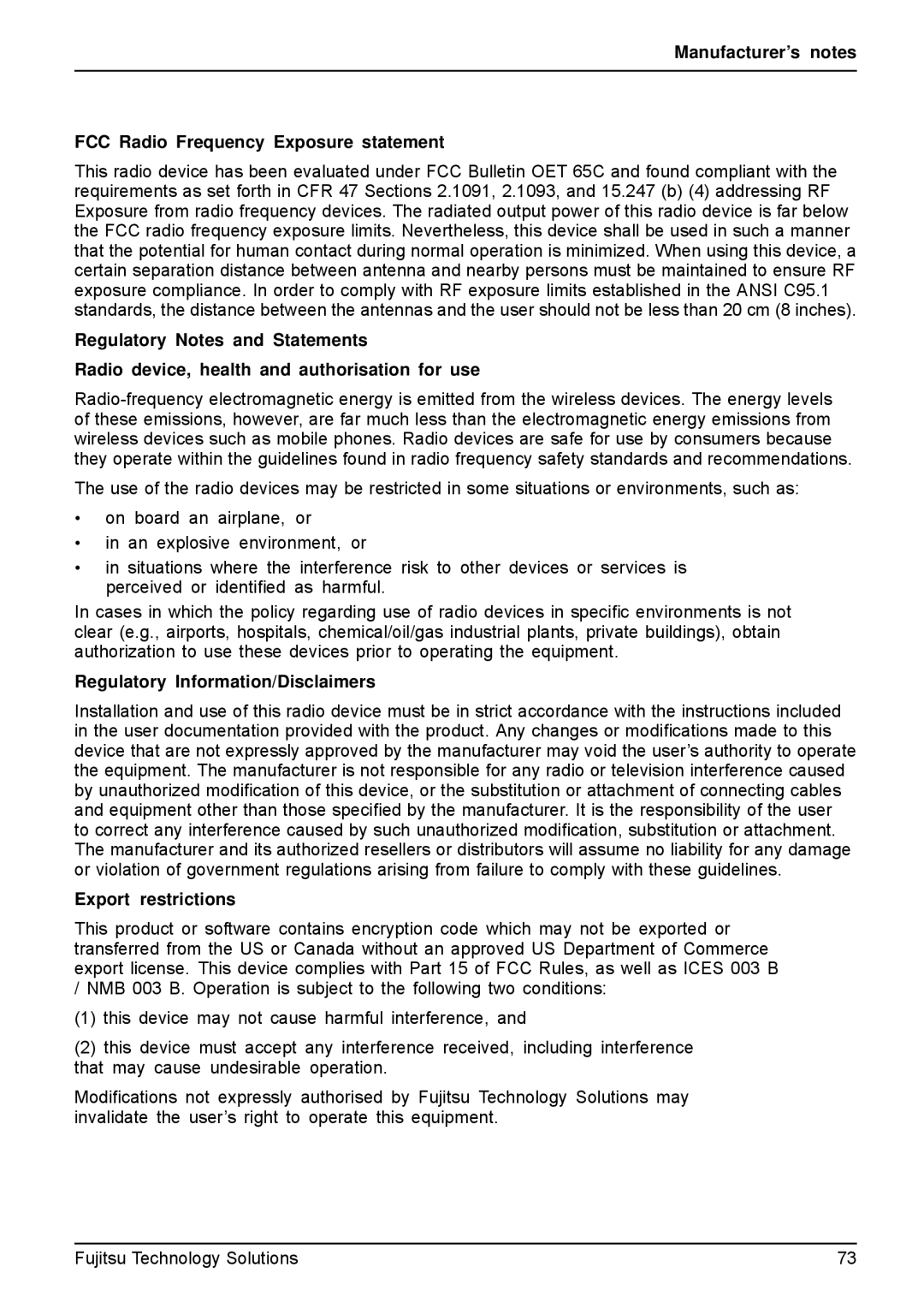 Fujitsu VFY:M53200MPAD2IN Manufacturer’s notes FCC Radio Frequency Exposure statement, Regulatory Information/Disclaimers 