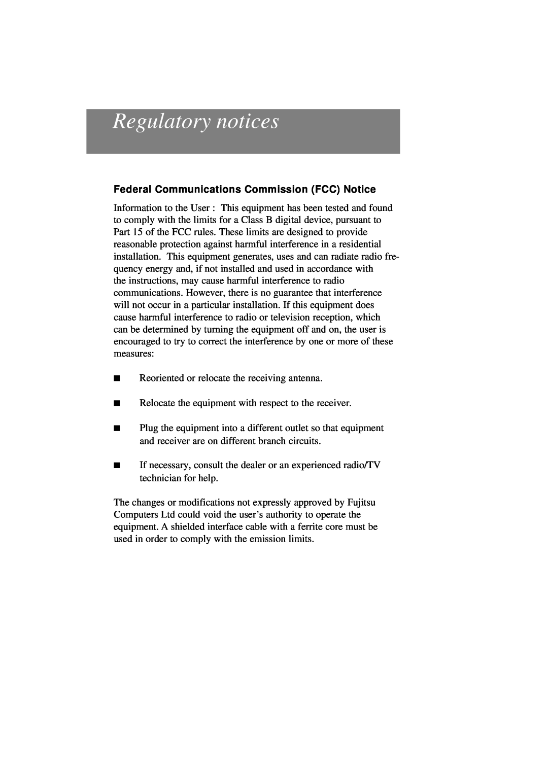 Fujitsu x178 manuel dutilisation Regulatory notices, Federal Communications Commission FCC Notice 