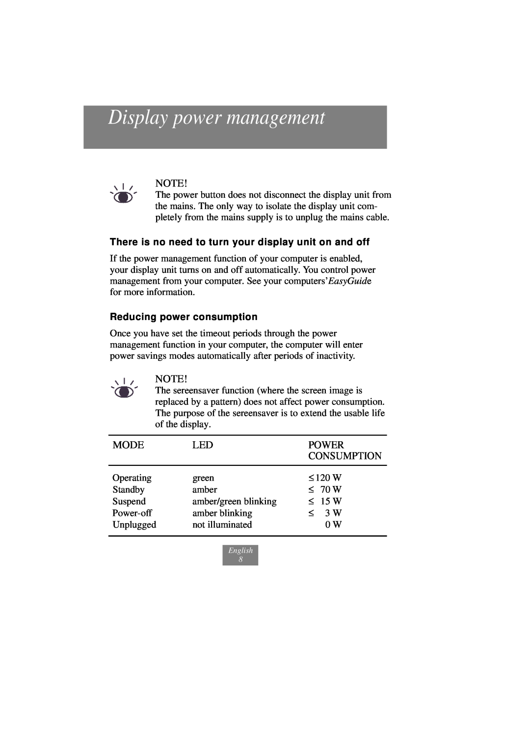 Fujitsu x178 Display power management, There is no need to turn your display unit on and off, Reducing power consumption 