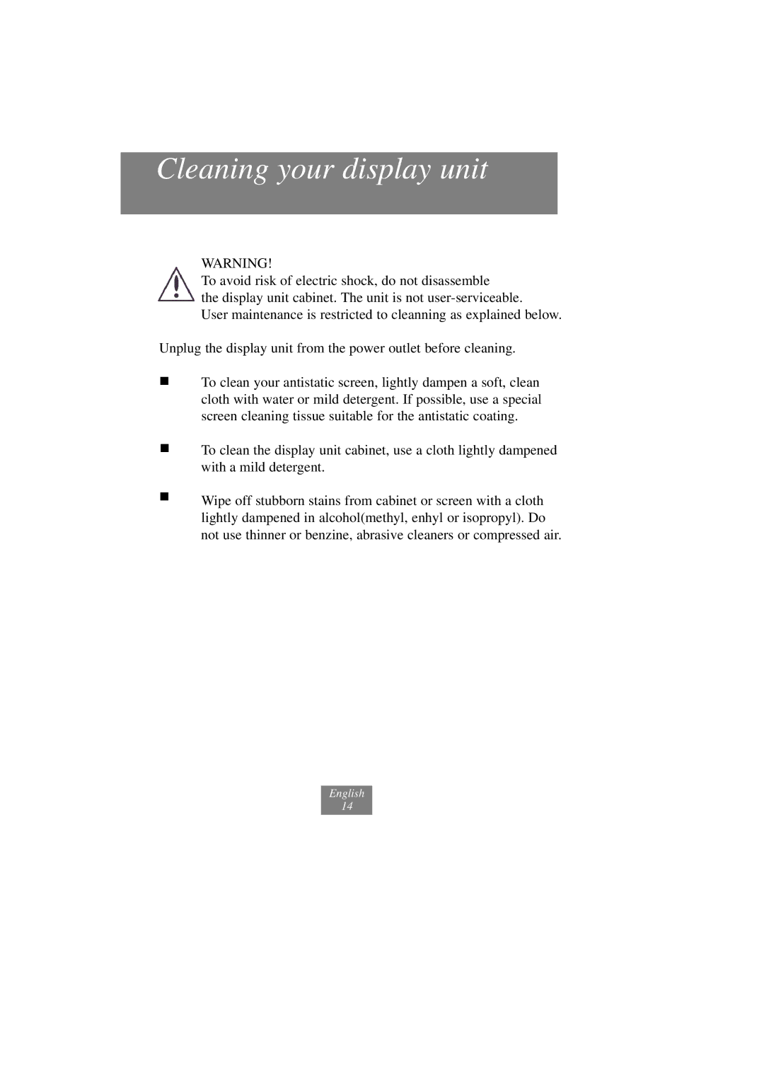 Fujitsu x178 manuel dutilisation Cleaning your display unit 