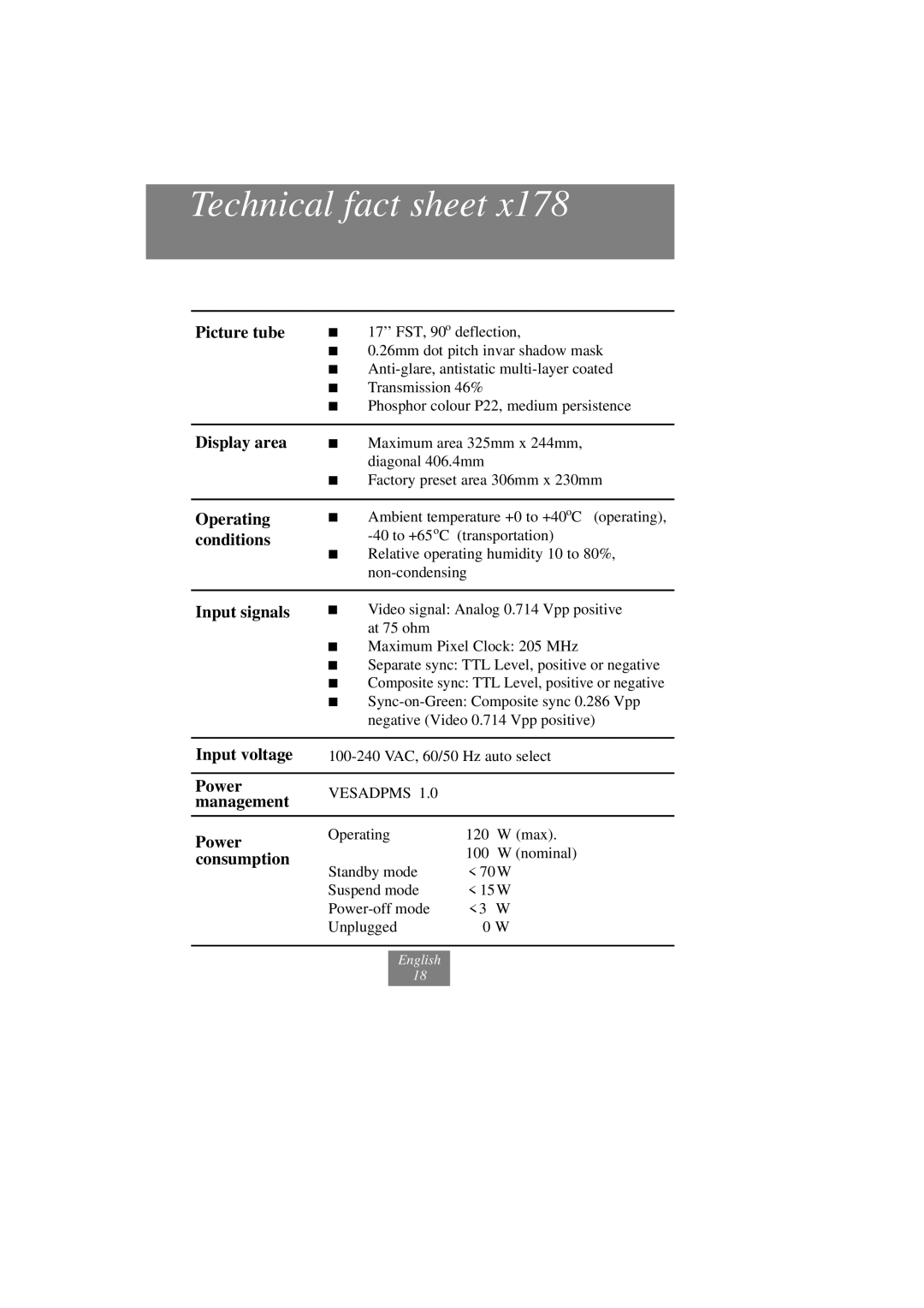 Fujitsu x178 manuel dutilisation Technical fact sheet, Vesadpms 