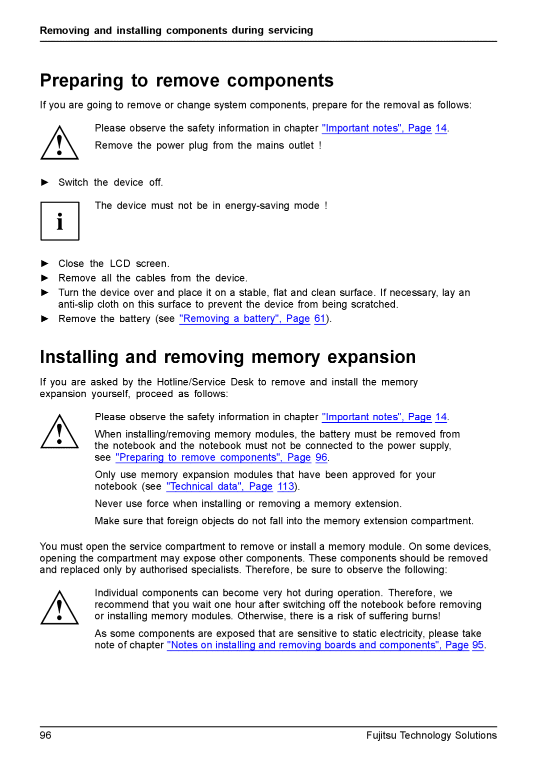 Fujitsu XBUY-T731-W7-001, FPCM11981 manual Preparing to remove components, Installing and removing memory expansion 