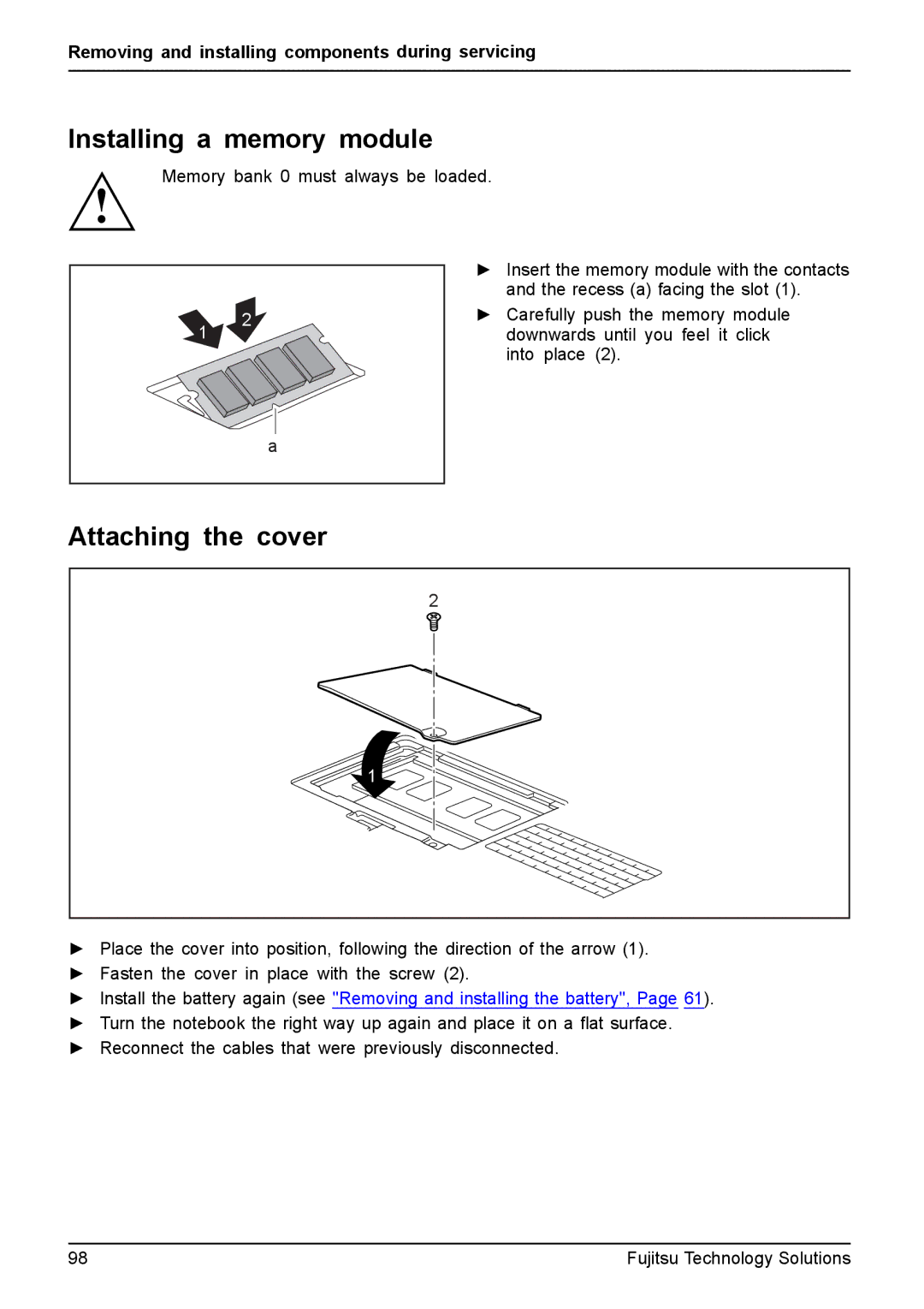 Fujitsu XBUY-T731-W7-001, FPCM11981 manual Installing a memory module, Attaching the cover 