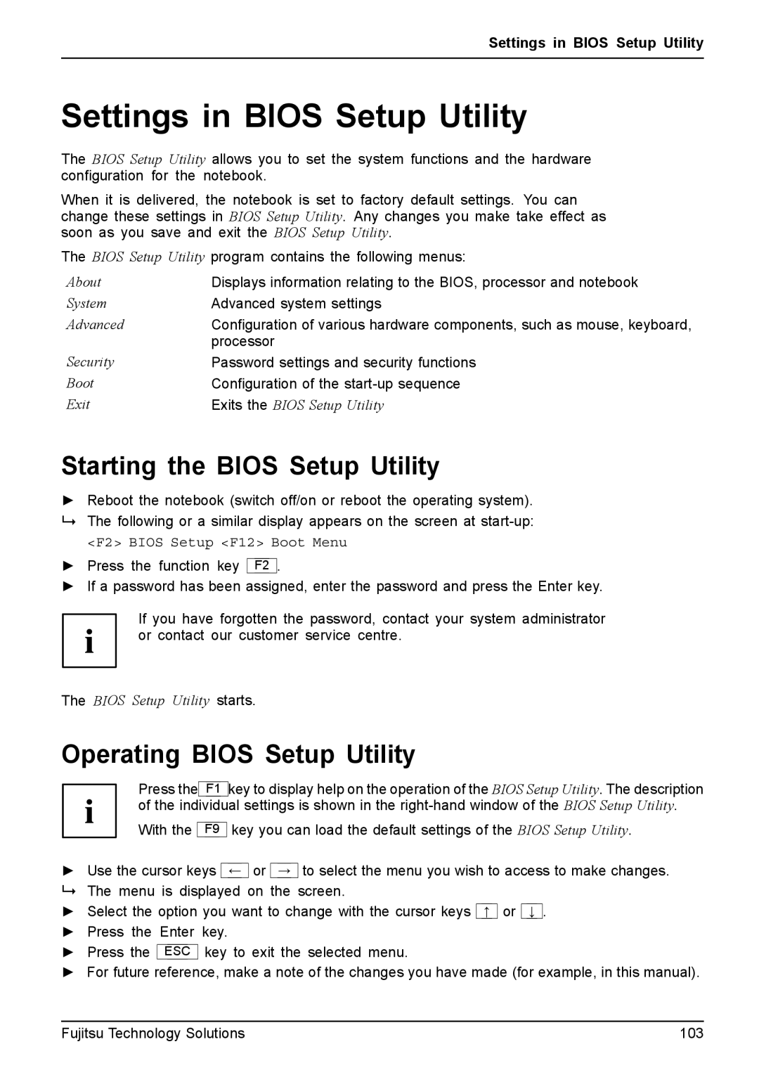 Fujitsu FPCM11981 manual Settings in Bios Setup Utility, Starting the Bios Setup Utility, Operating Bios Setup Utility 