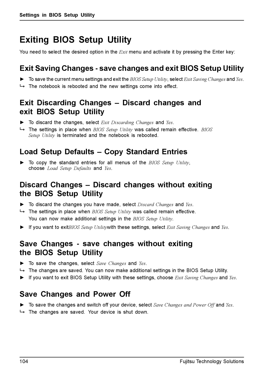 Fujitsu XBUY-T731-W7-001 Exiting Bios Setup Utility, Load Setup Defaults Copy Standard Entries, Save Changes and Power Off 