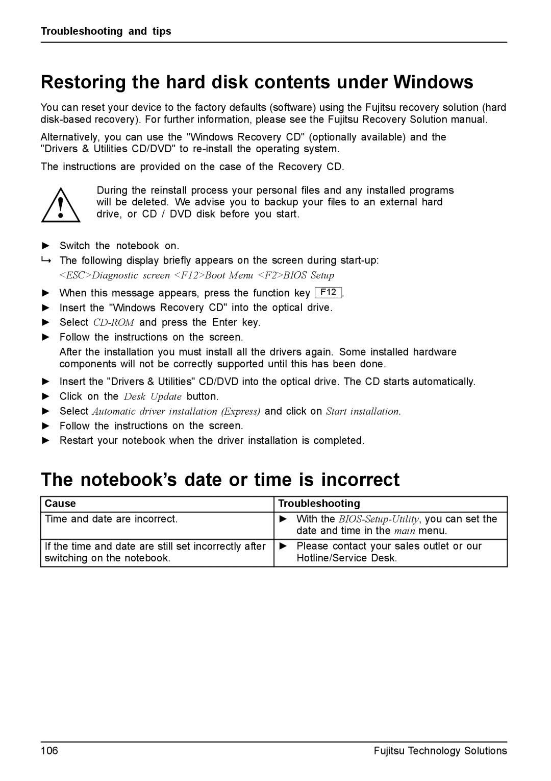 Fujitsu XBUY-T731-W7-001, FPCM11981 manual Restoring the hard disk contents under Windows 