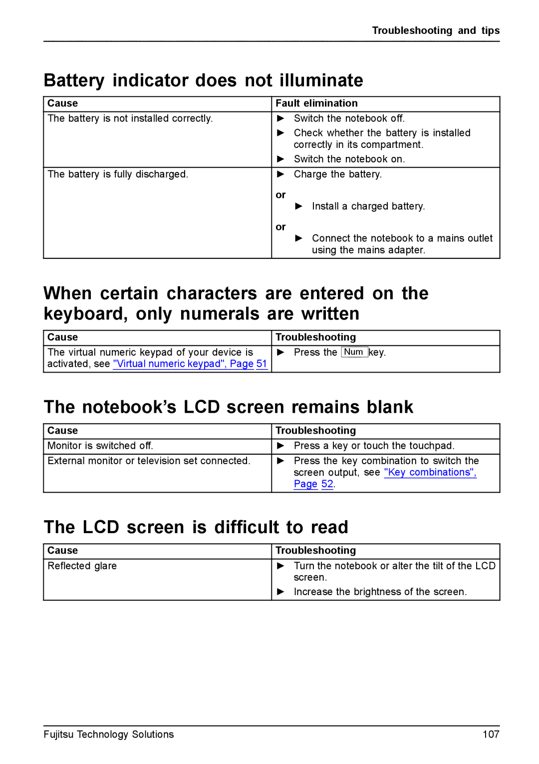 Fujitsu FPCM11981 manual Battery indicator does not illuminate, LCD screen is difﬁcult to read, Cause Fault elimination 
