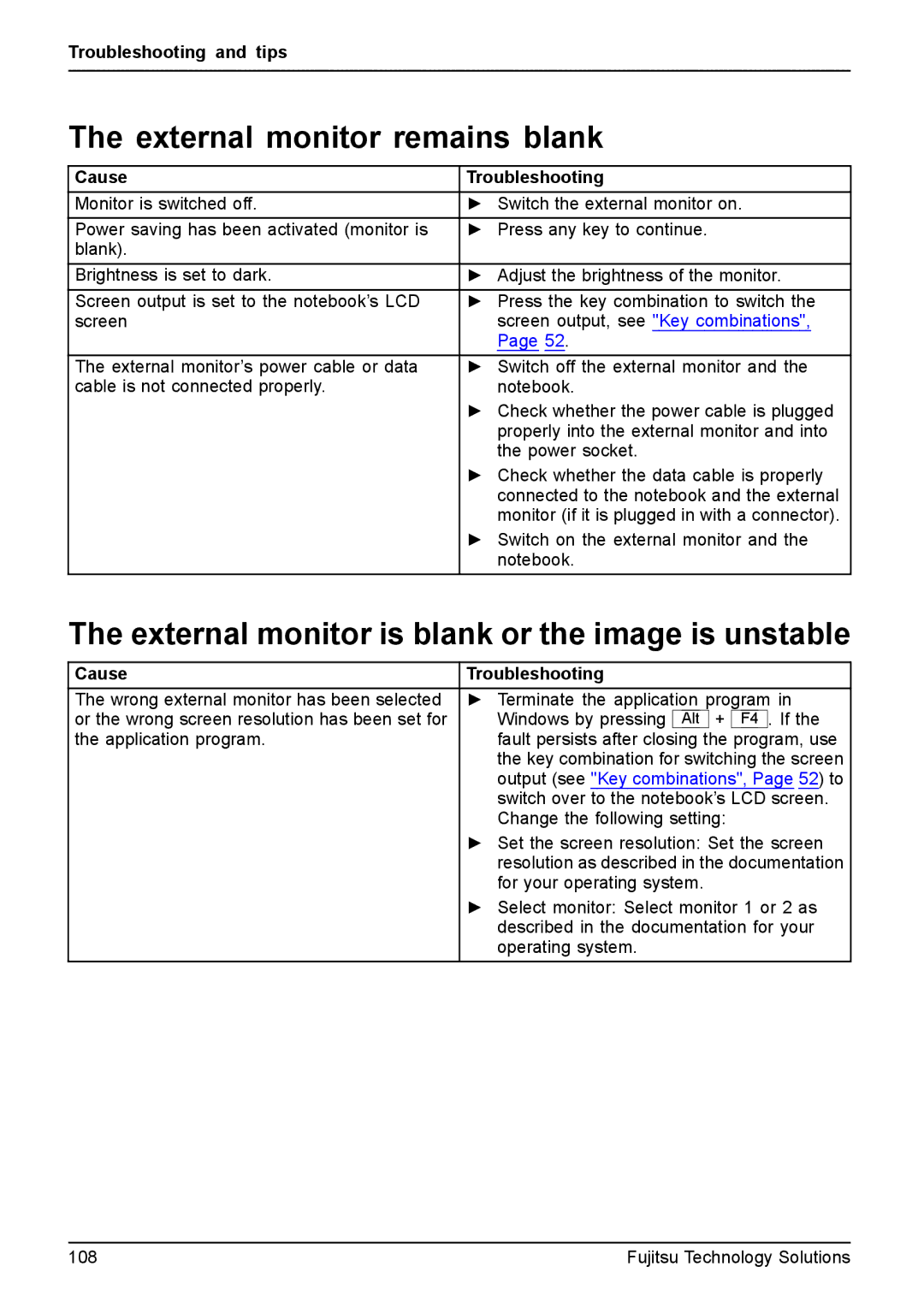 Fujitsu XBUY-T731-W7-001, FPCM11981 External monitor remains blank, External monitor is blank or the image is unstable 