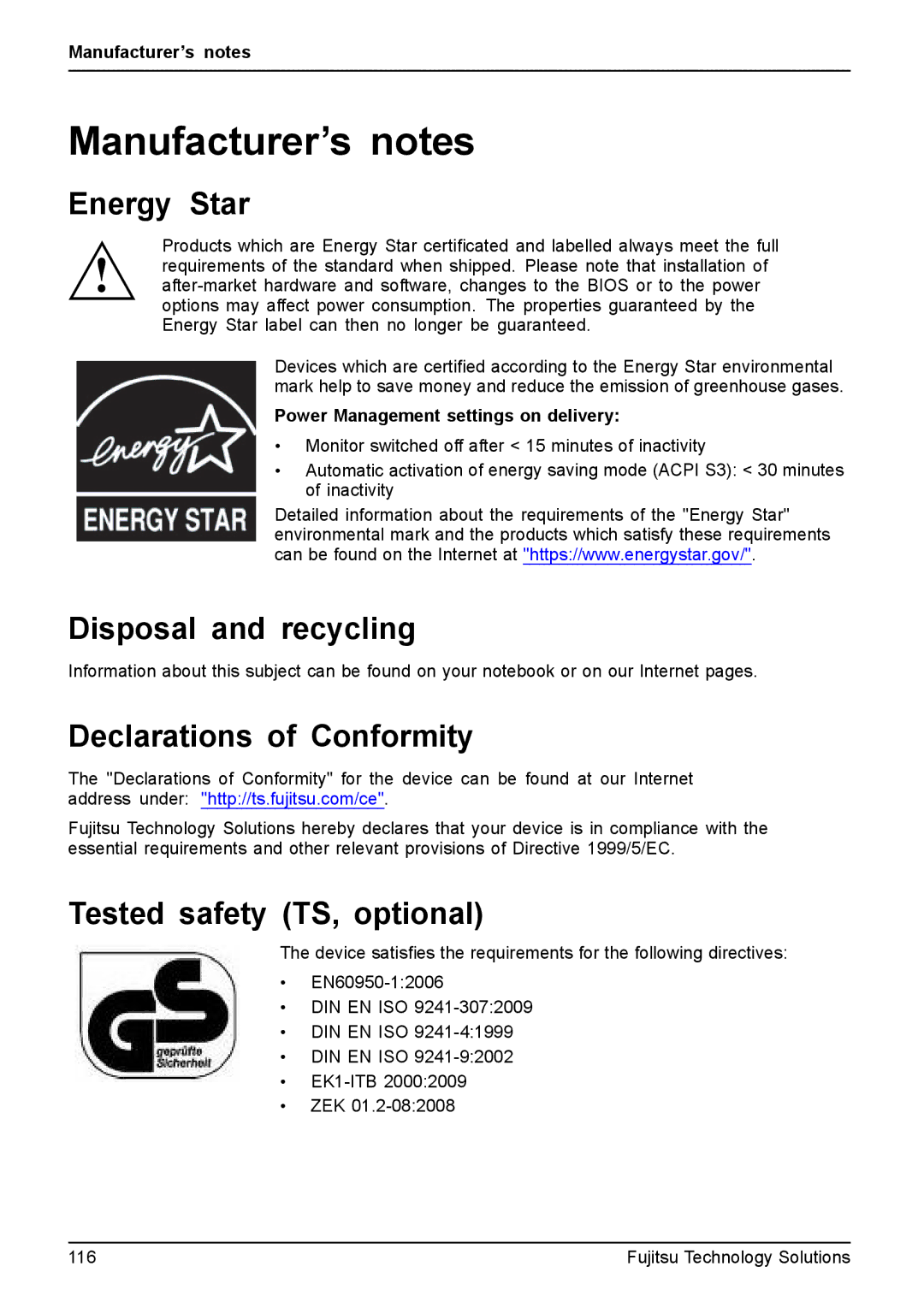 Fujitsu XBUY-T731-W7-001, FPCM11981 Manufacturer’s notes, Energy Star, Disposal and recycling, Declarations of Conformity 