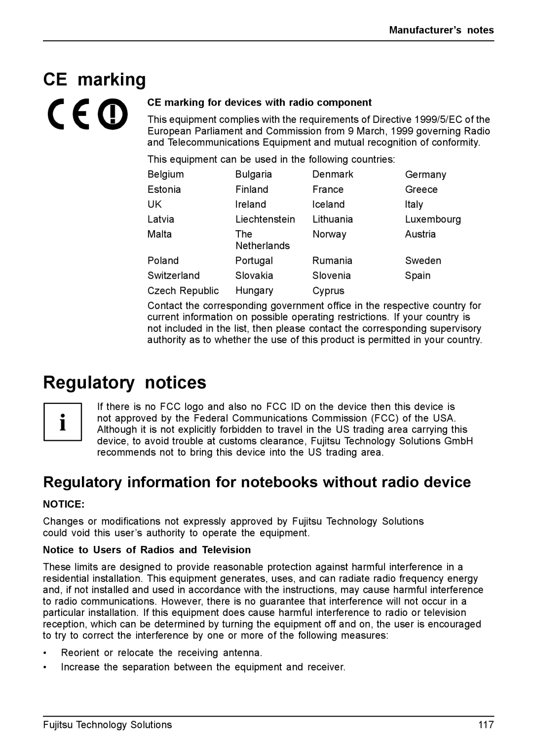 Fujitsu FPCM11981 manual CE marking, Regulatory notices, Regulatory information for notebooks without radio device 