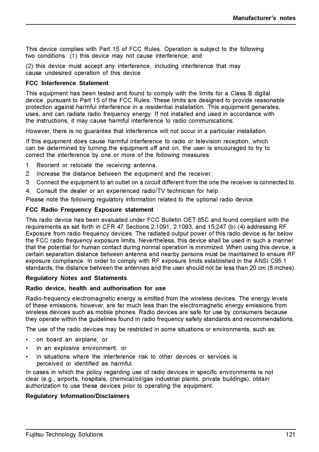 Fujitsu FPCM11981 FCC Interference Statement, FCC Radio Frequency Exposure statement, Regulatory Information/Disclaimers 